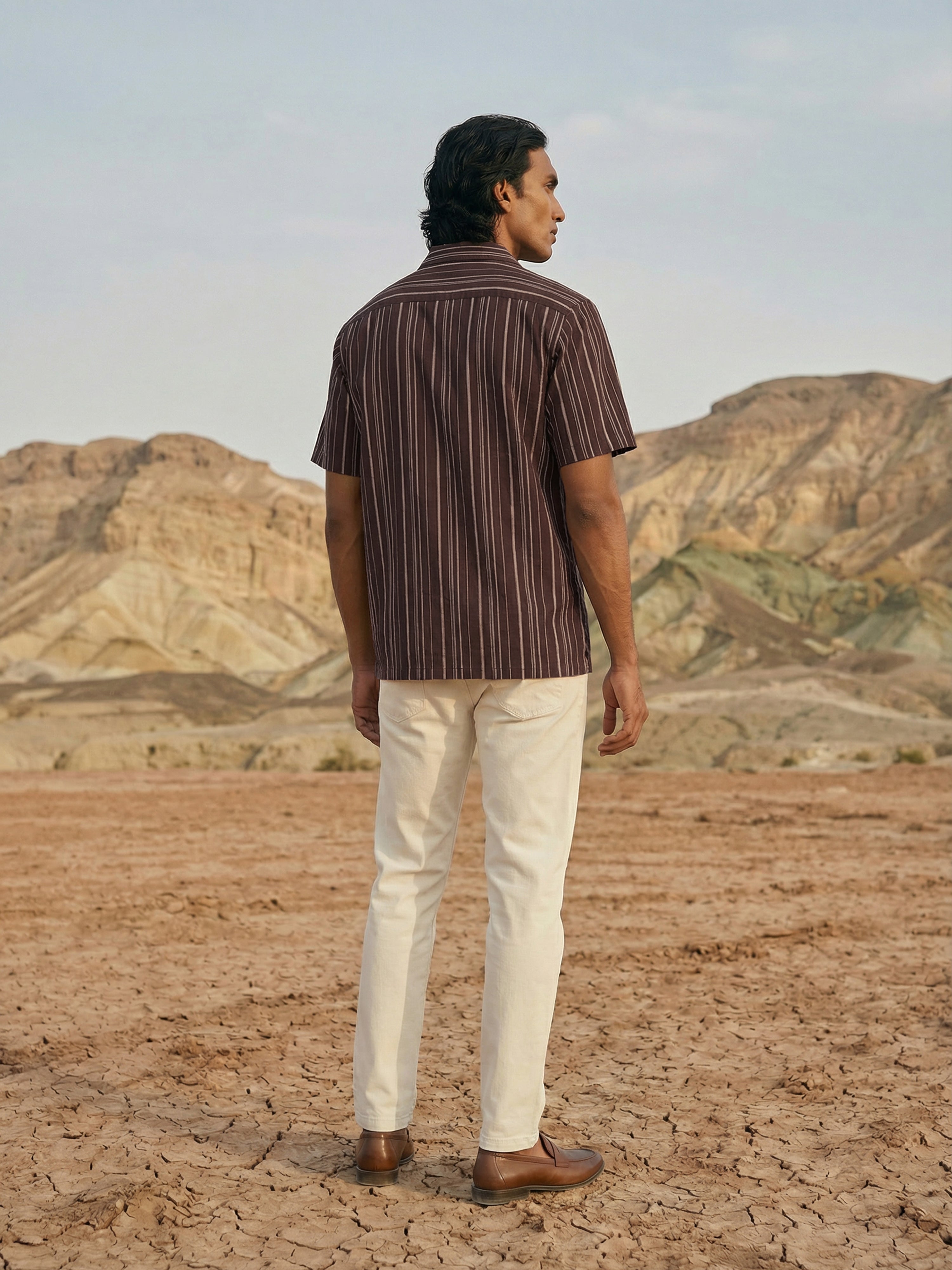 Brown Polyster Cotton Cuban Collar Half Shirt For Male