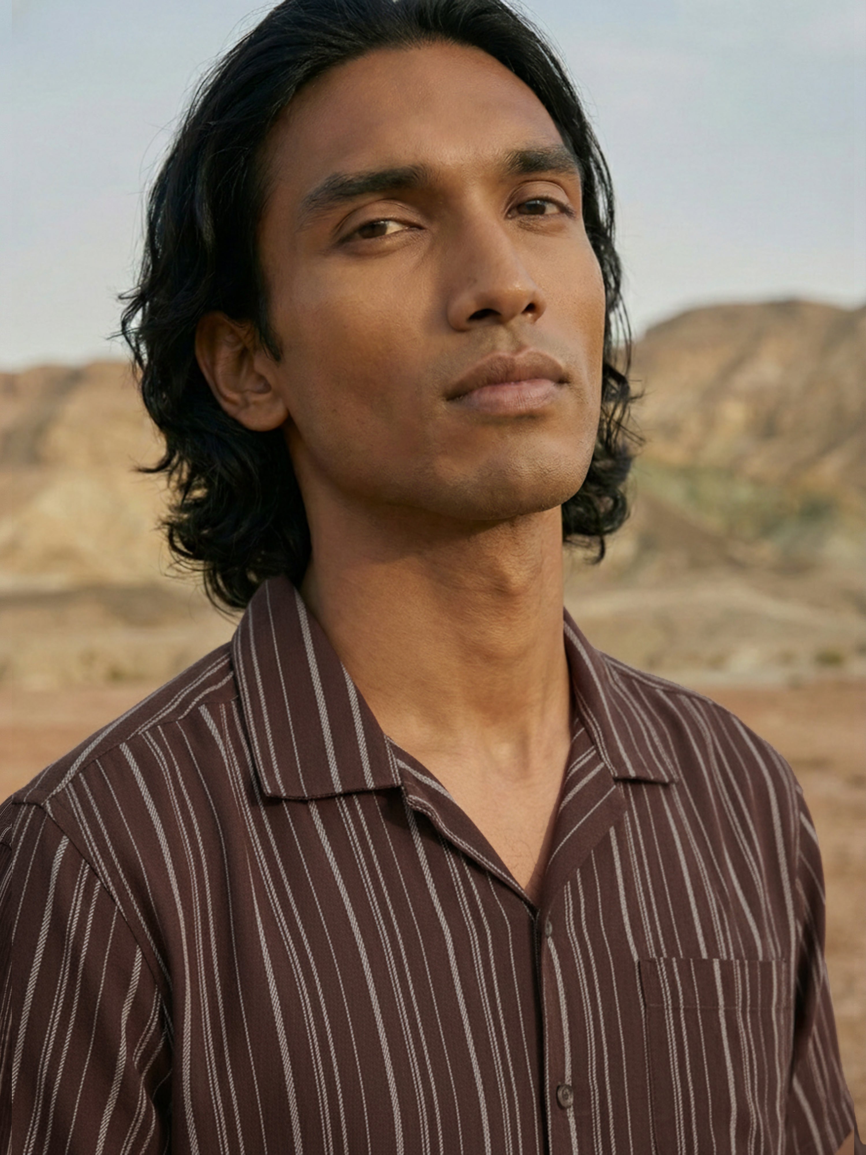 Brown Polyster Cotton Cuban Collar Half Shirt For Male