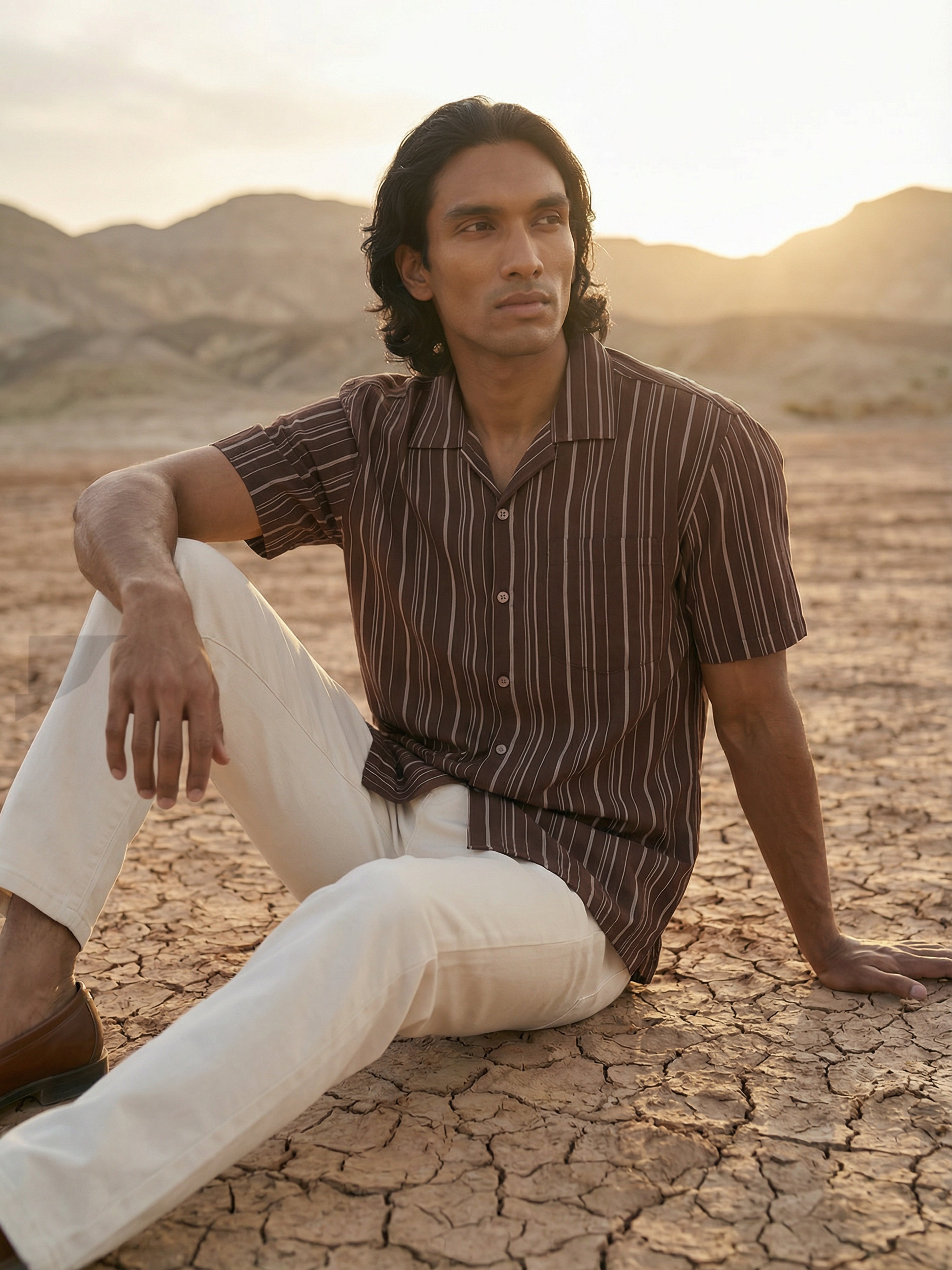 Brown Polyster Cotton Cuban Collar Half Shirt For Male