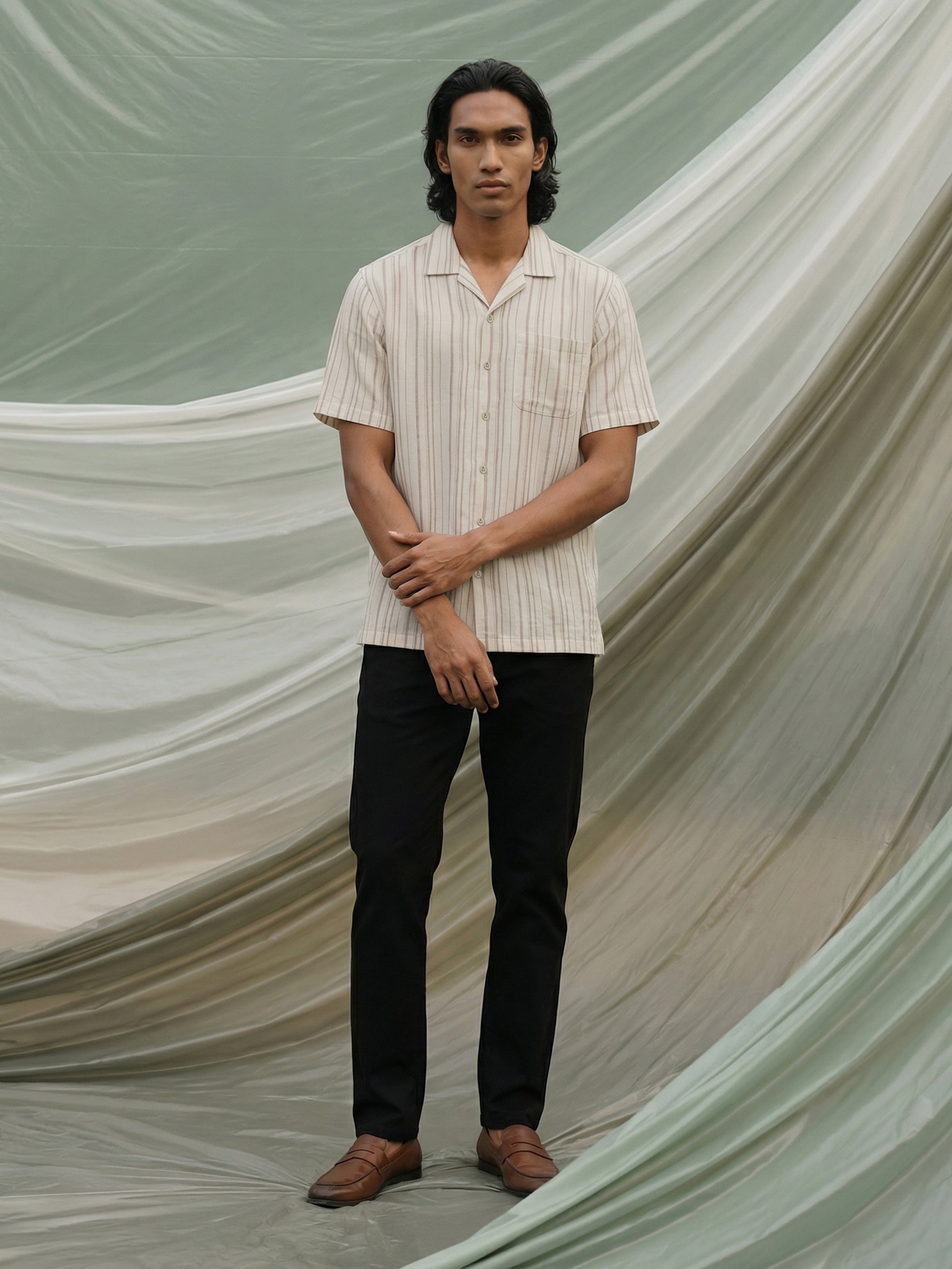 Cream Polyster Cotton Cuban Collar Half Shirt For Male