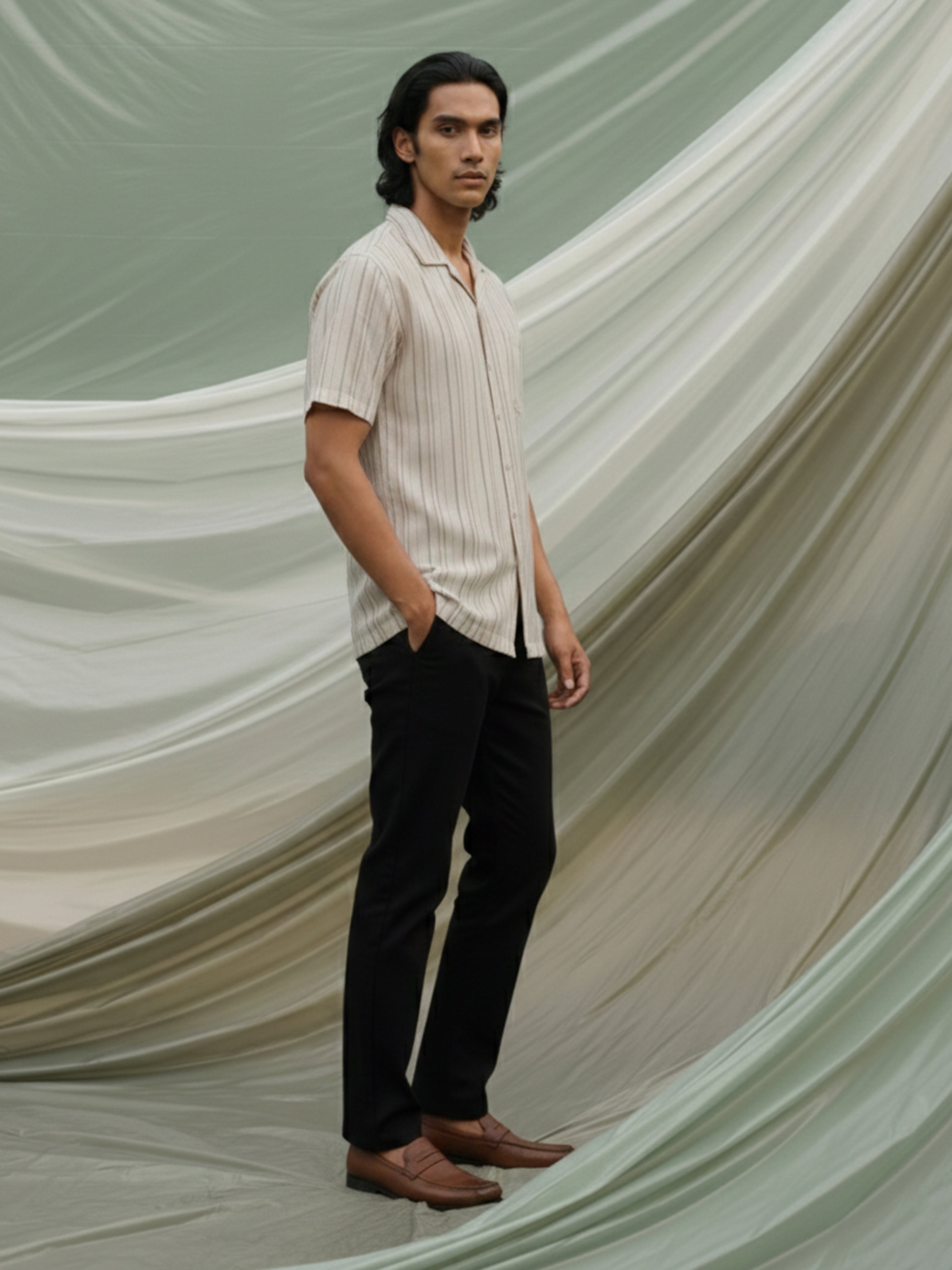 Cream Polyster Cotton Cuban Collar Half Shirt For Male