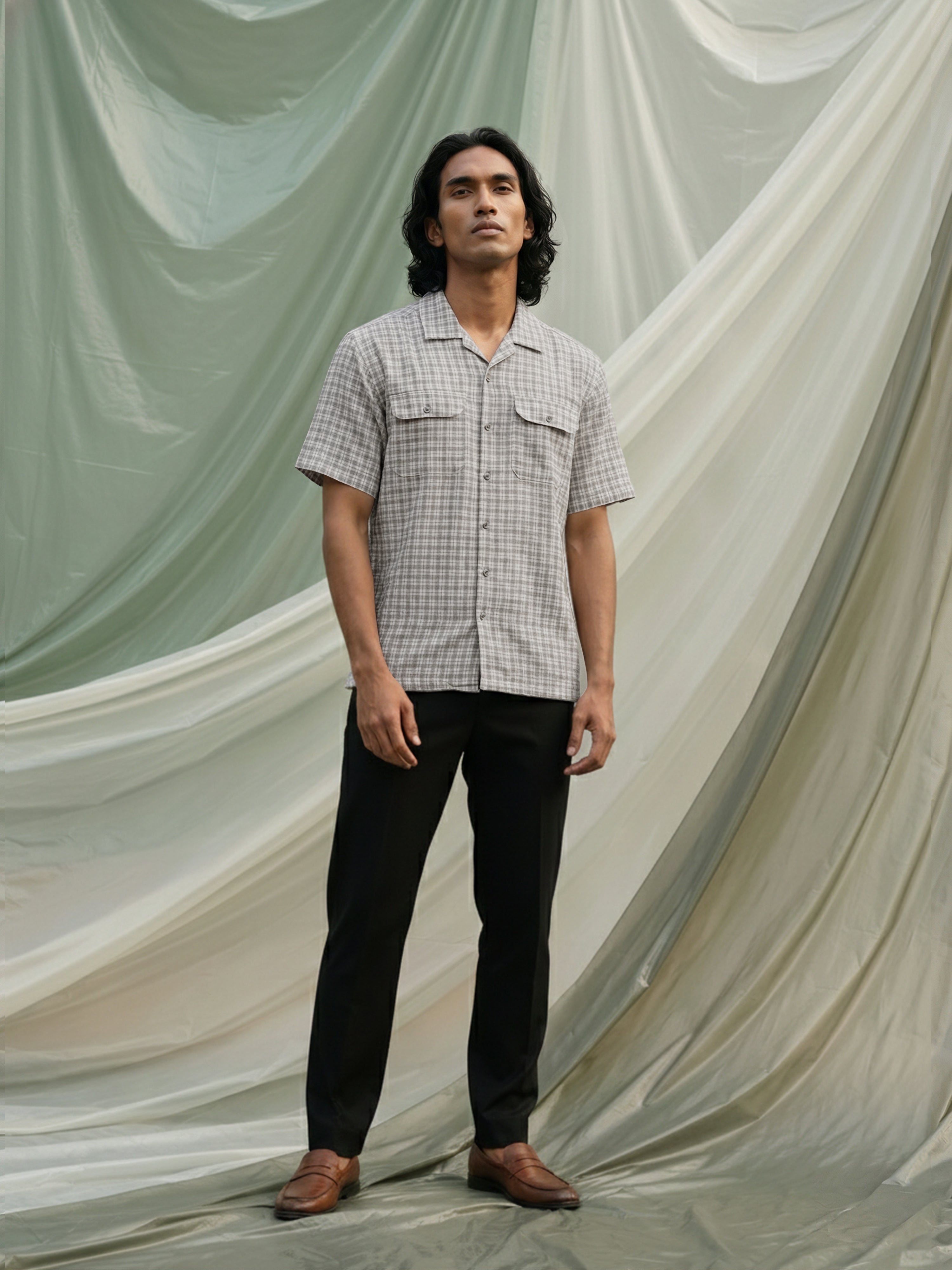 Blue Polyster Cotton Cuban Collar Half Shirt For Male