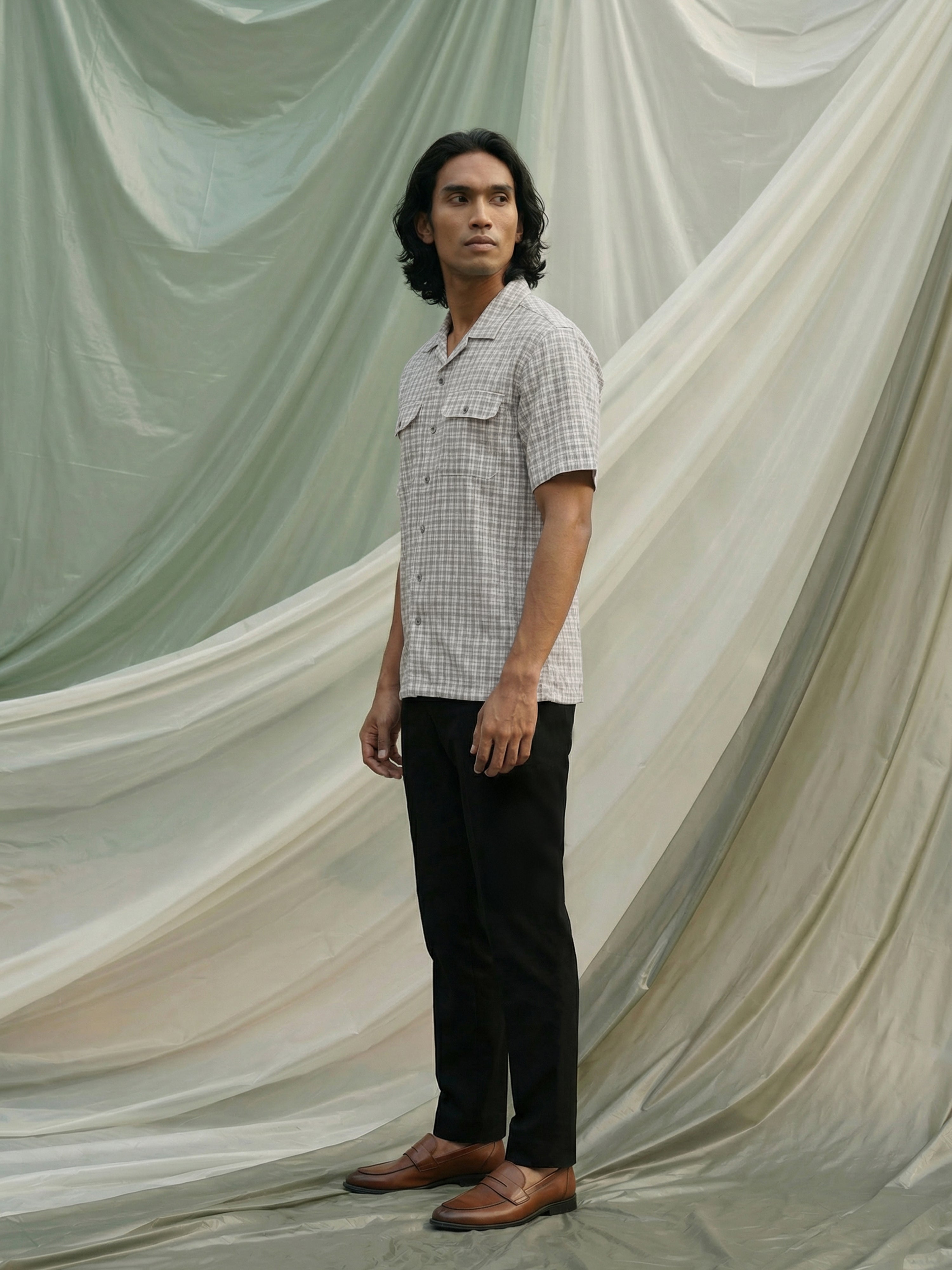 Blue Polyster Cotton Cuban Collar Half Shirt For Male