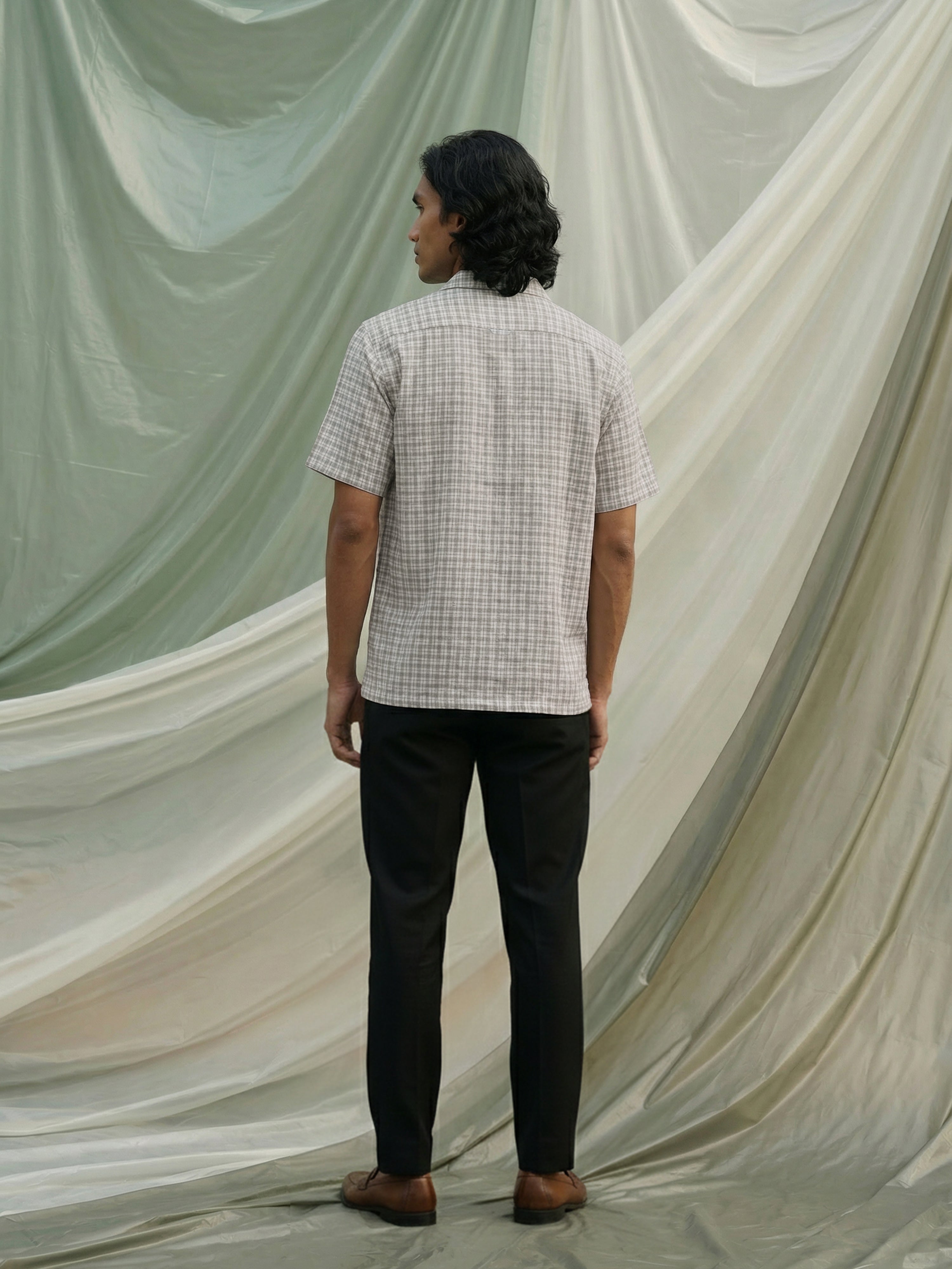 Blue Polyster Cotton Cuban Collar Half Shirt For Male