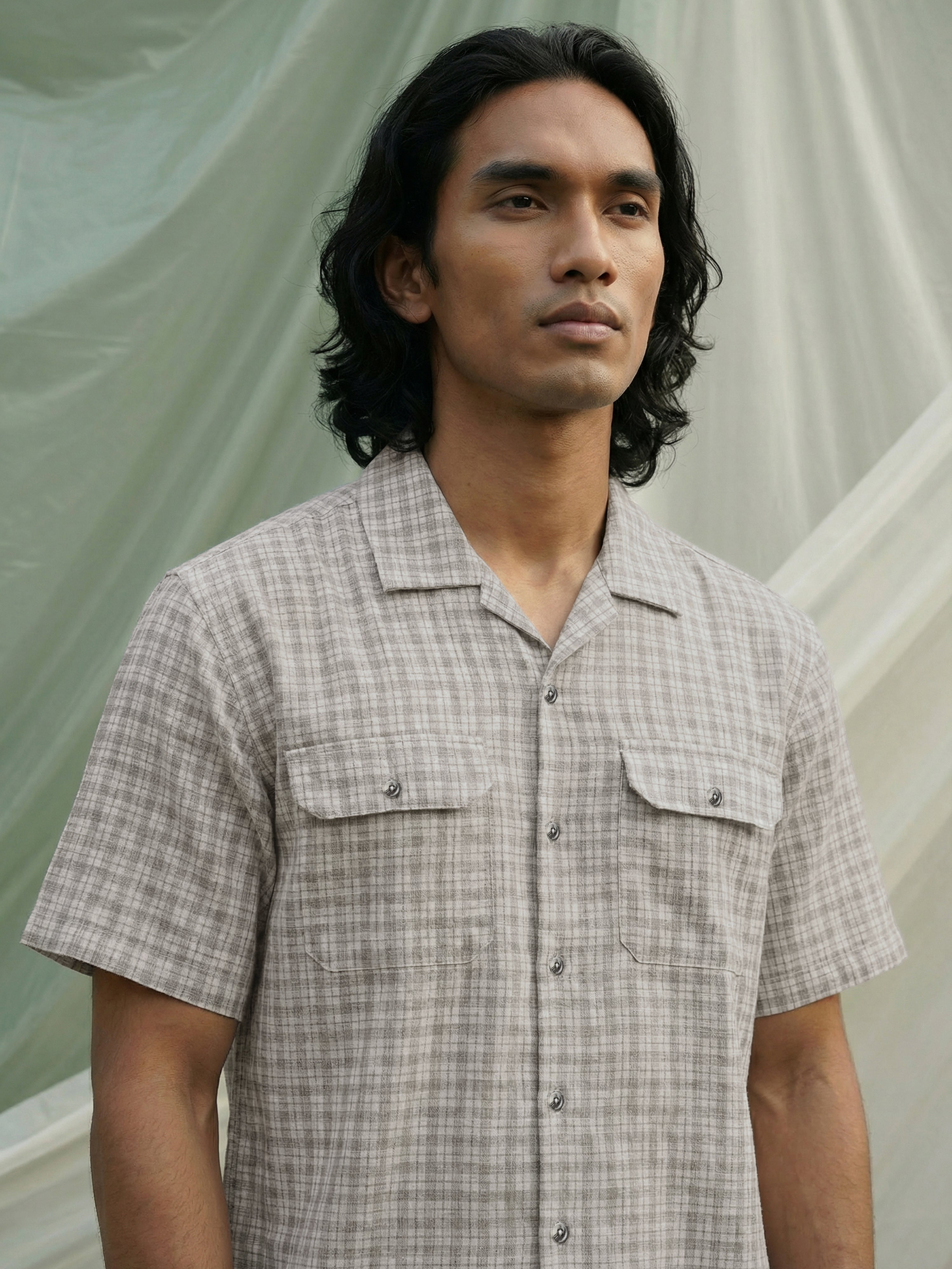 Blue Polyster Cotton Cuban Collar Half Shirt For Male