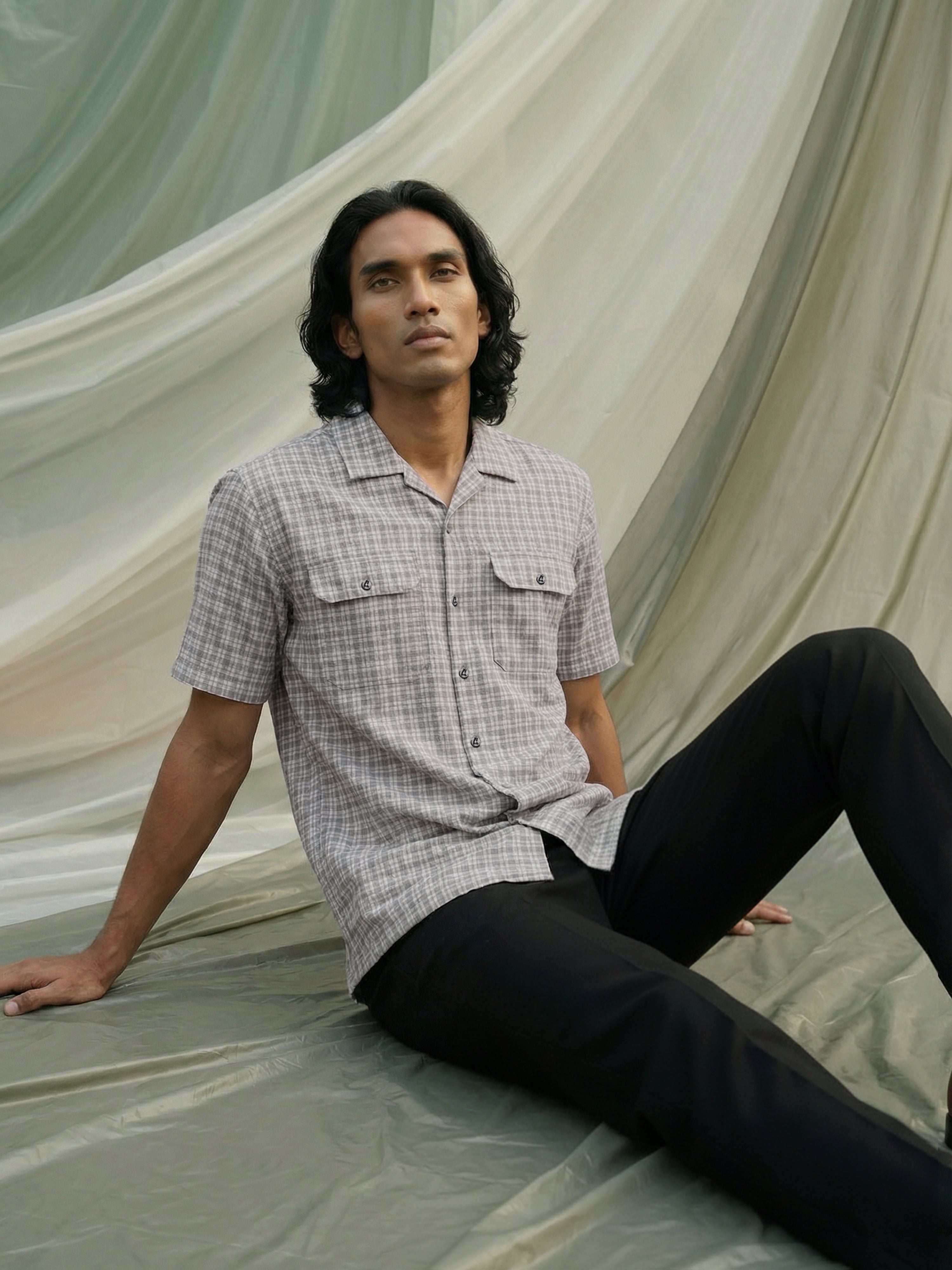 Blue Polyster Cotton Cuban Collar Half Shirt For Male