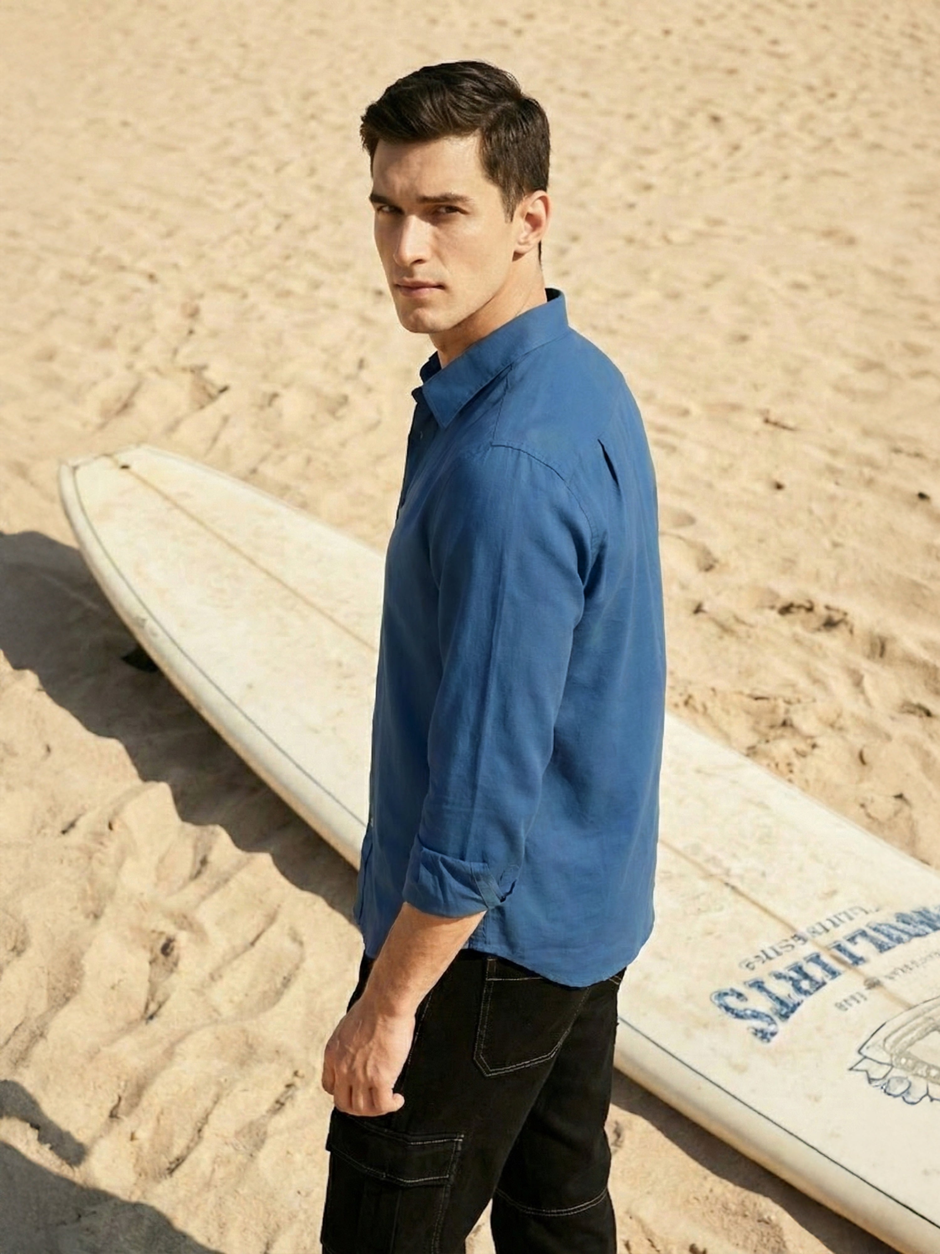 Blue Semi Cotton Cut Away Collar Full Sleeves Mens Shirt