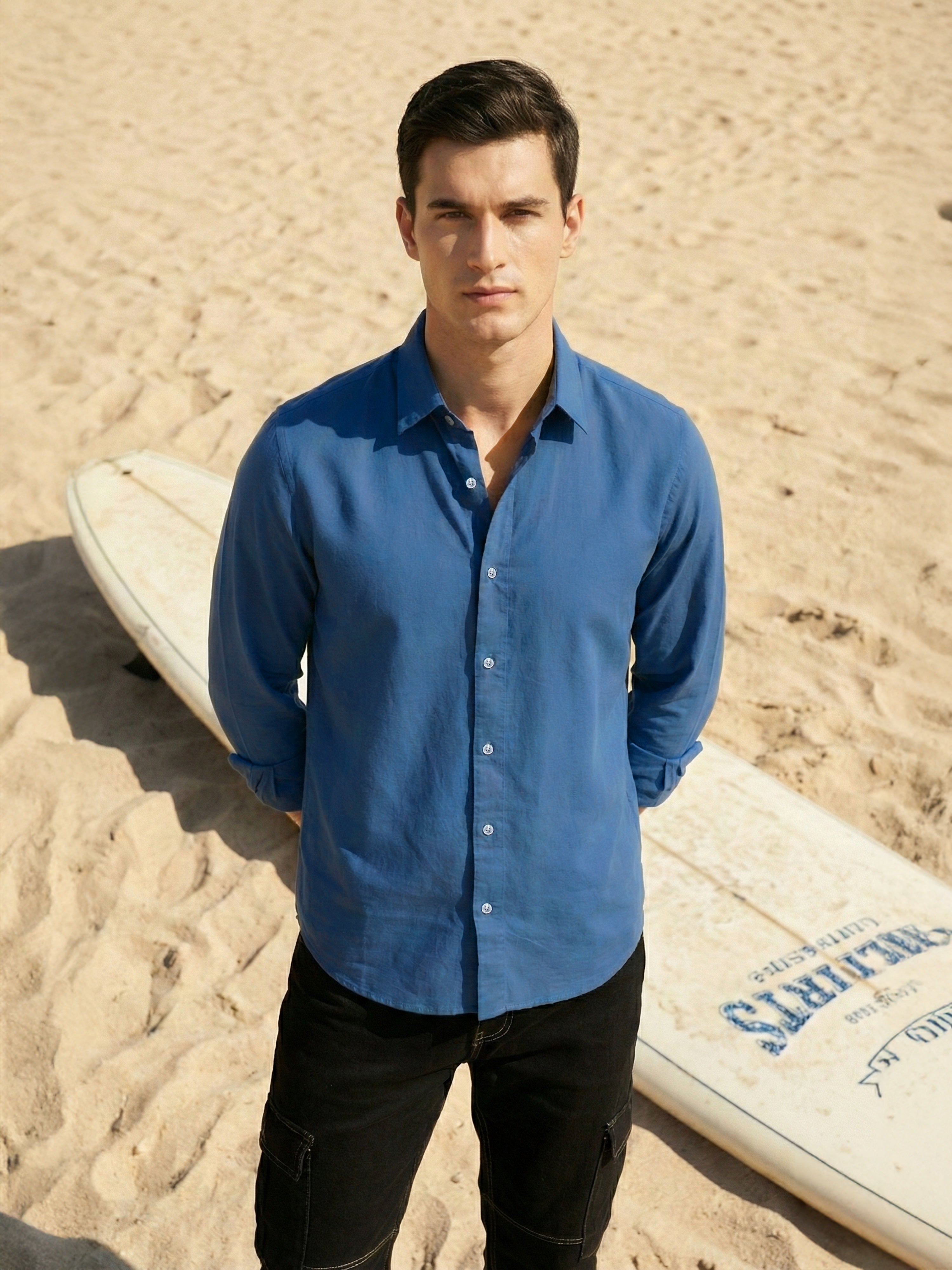 Blue Semi Cotton Cut Away Collar Full Sleeves Mens Shirt