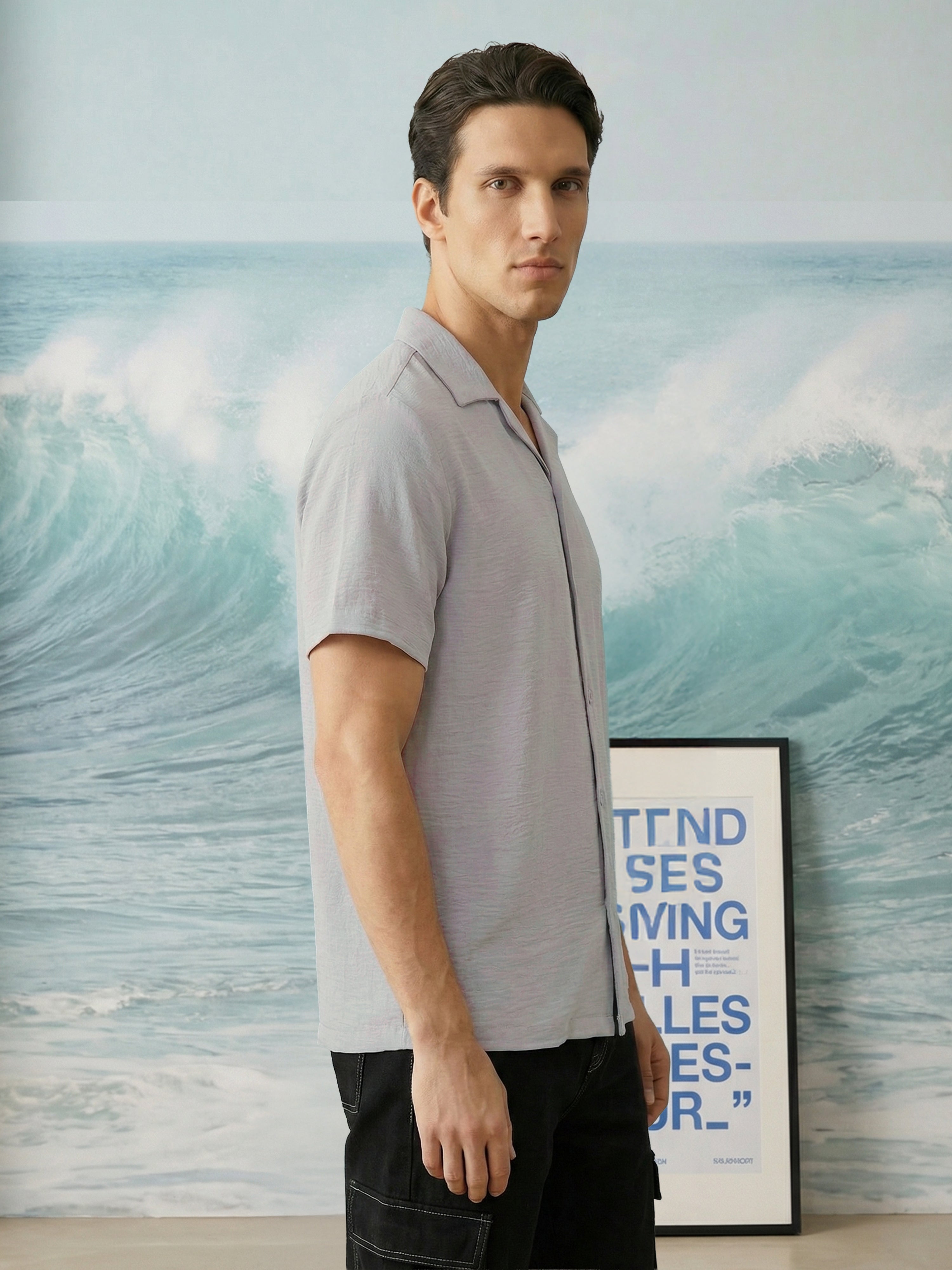 Grey Cuban Collar Half Sleeves Mens Shirt