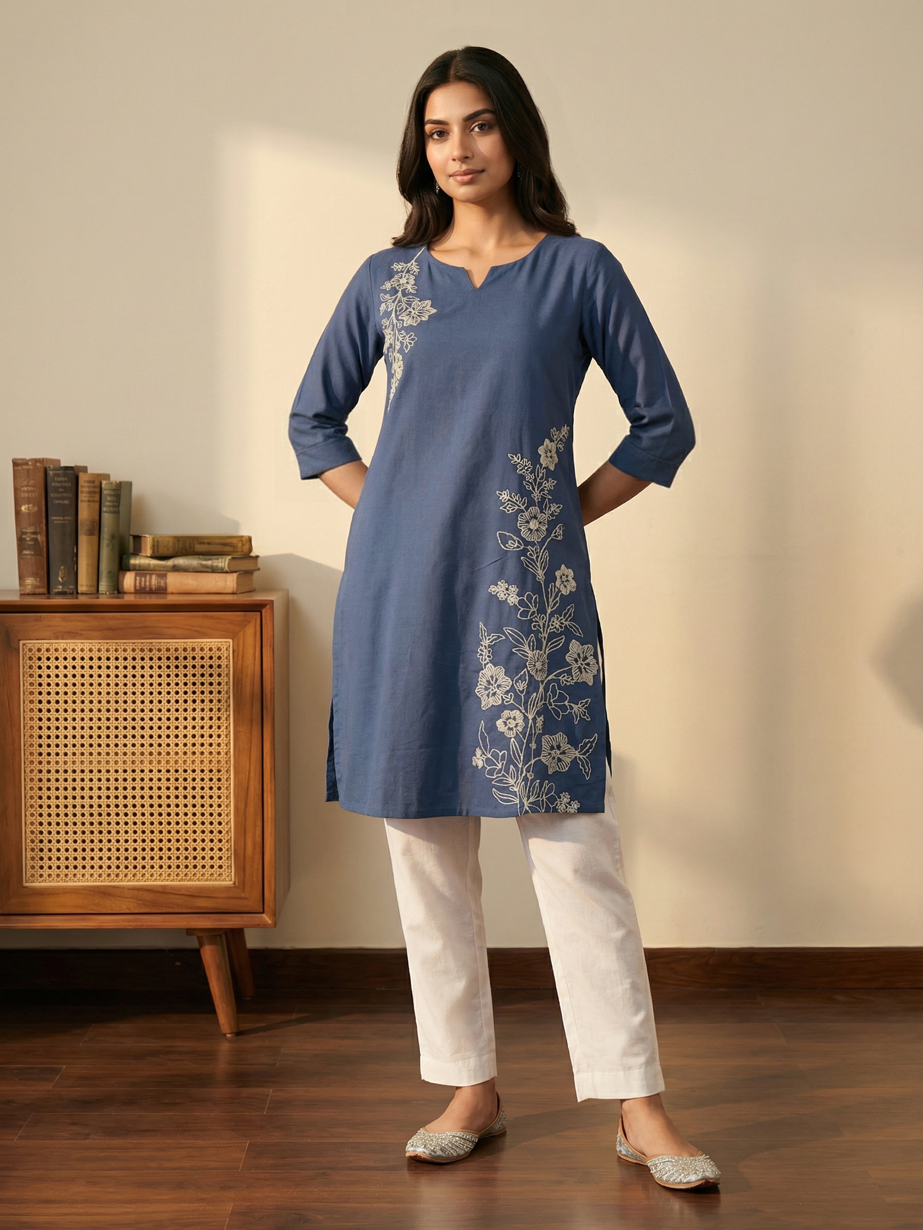 Indigo Cotton Flex Ceat Neck Full Sleeves With Tucks Pattern Kurti For Female