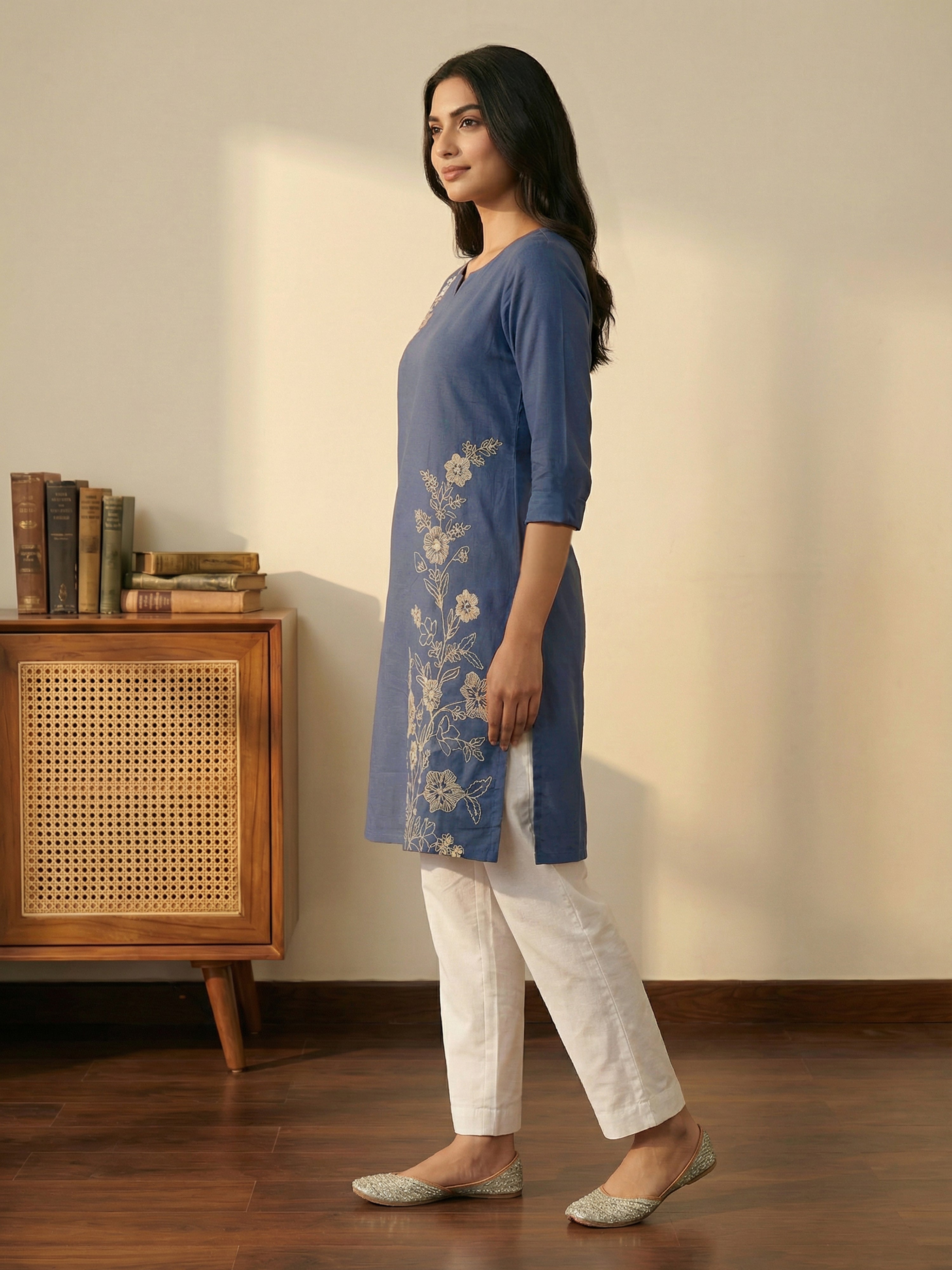 Indigo Cotton Flex Ceat Neck Full Sleeves With Tucks Pattern Kurti For Female