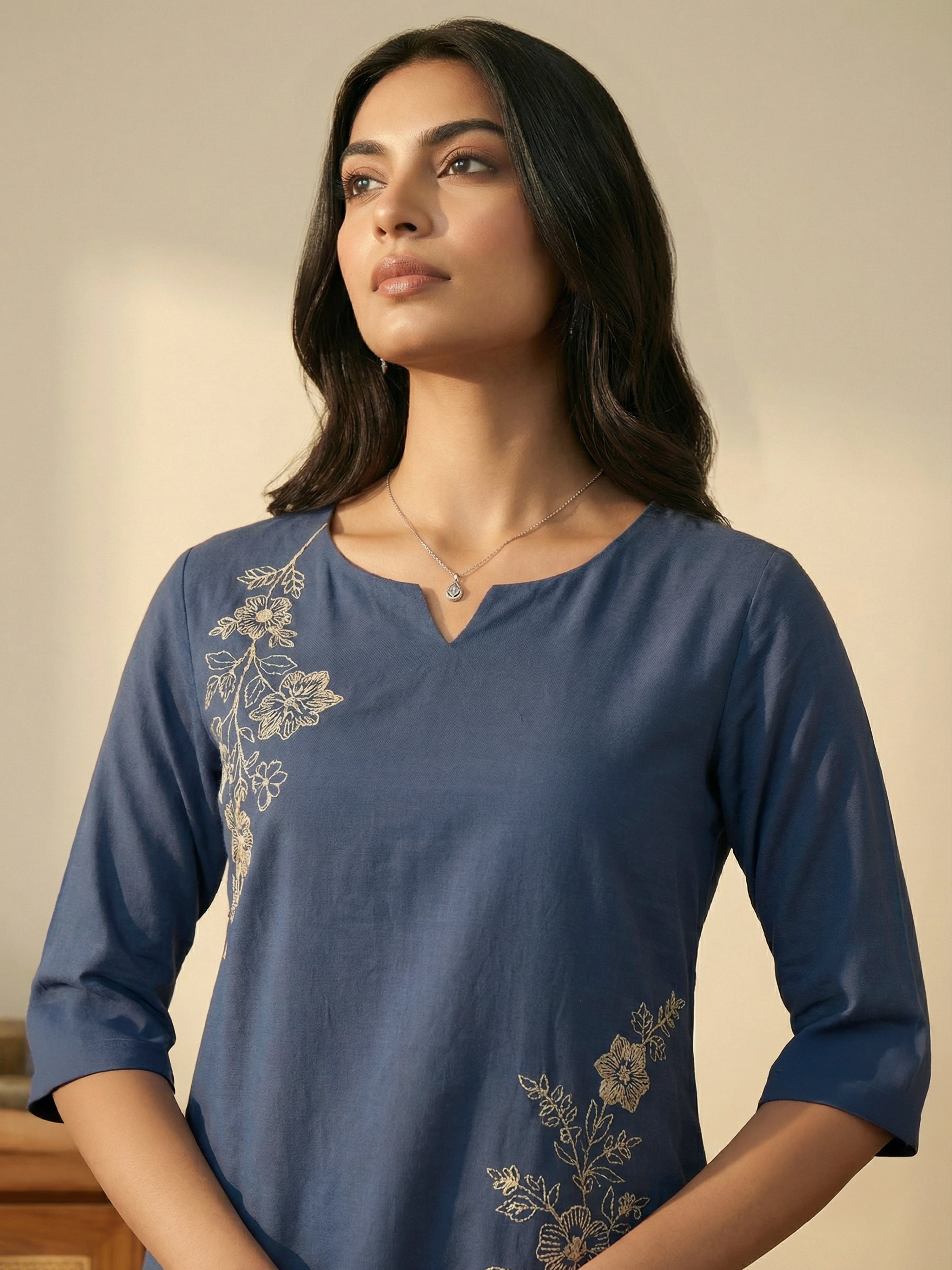 Indigo Cotton Flex Ceat Neck Full Sleeves With Tucks Pattern Kurti For Female
