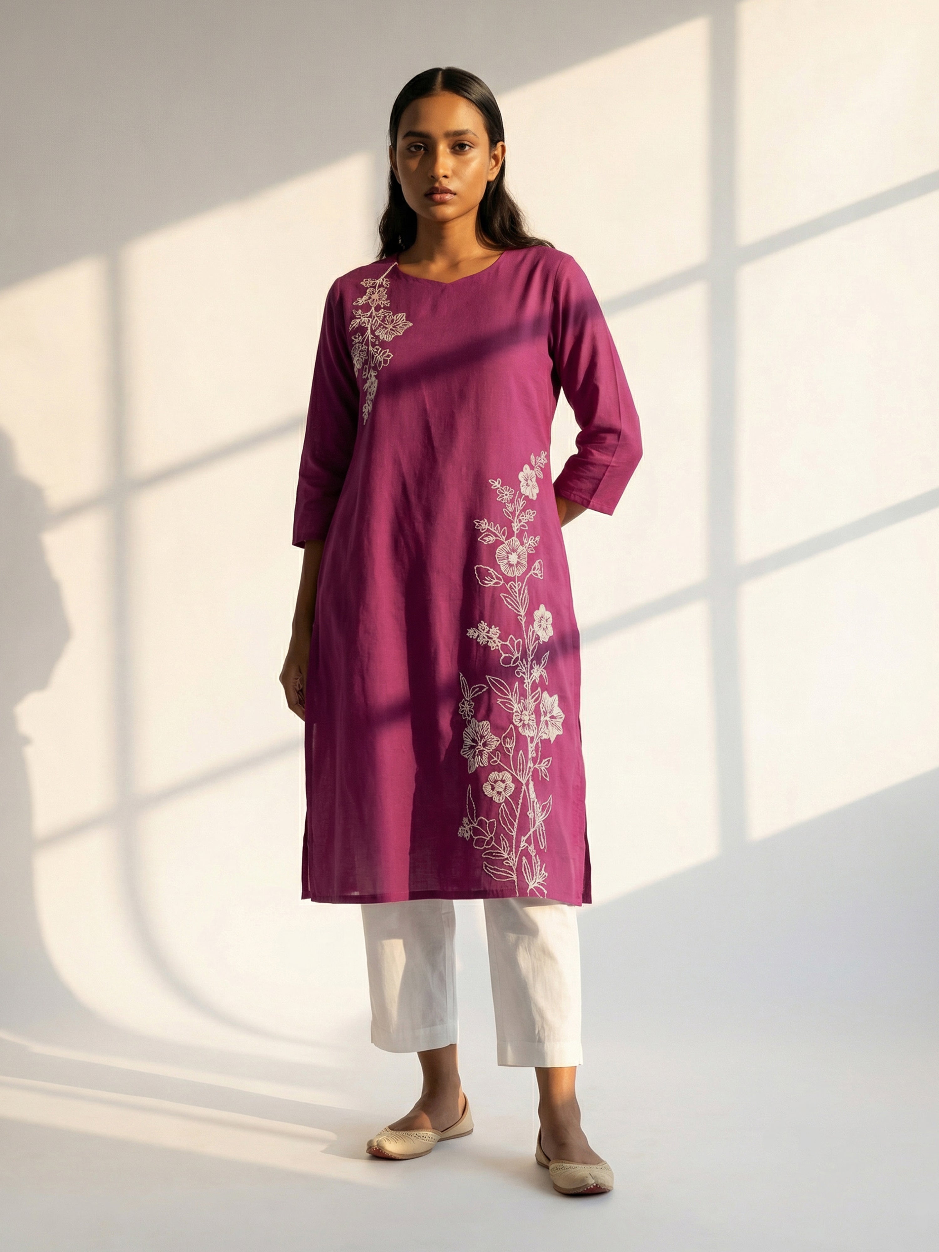 Onion Cotton Flex Ceat Neck Full Sleeves With Tucks Pattern Kurti For Female