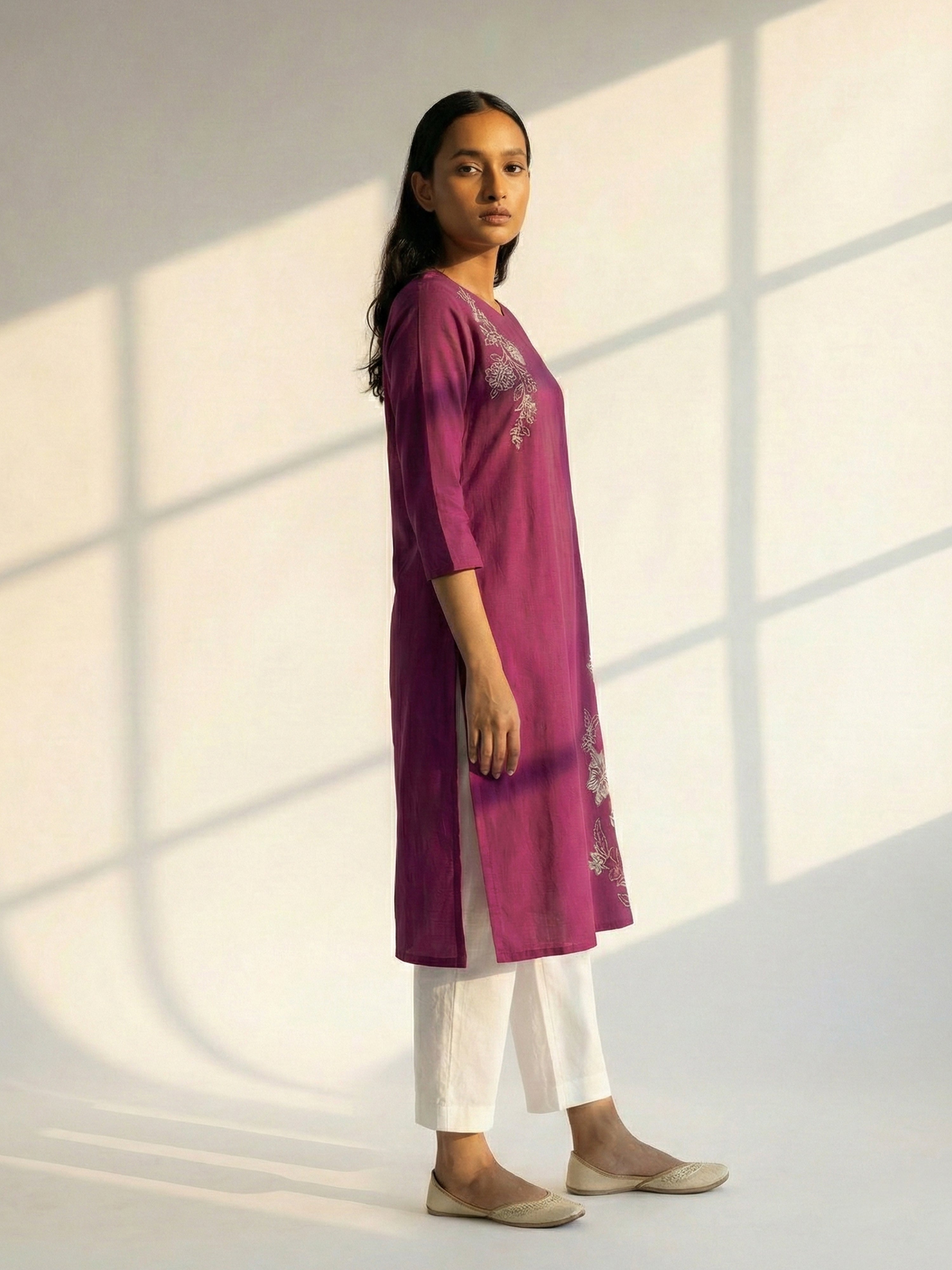 Onion Cotton Flex Ceat Neck Full Sleeves With Tucks Pattern Kurti For Female