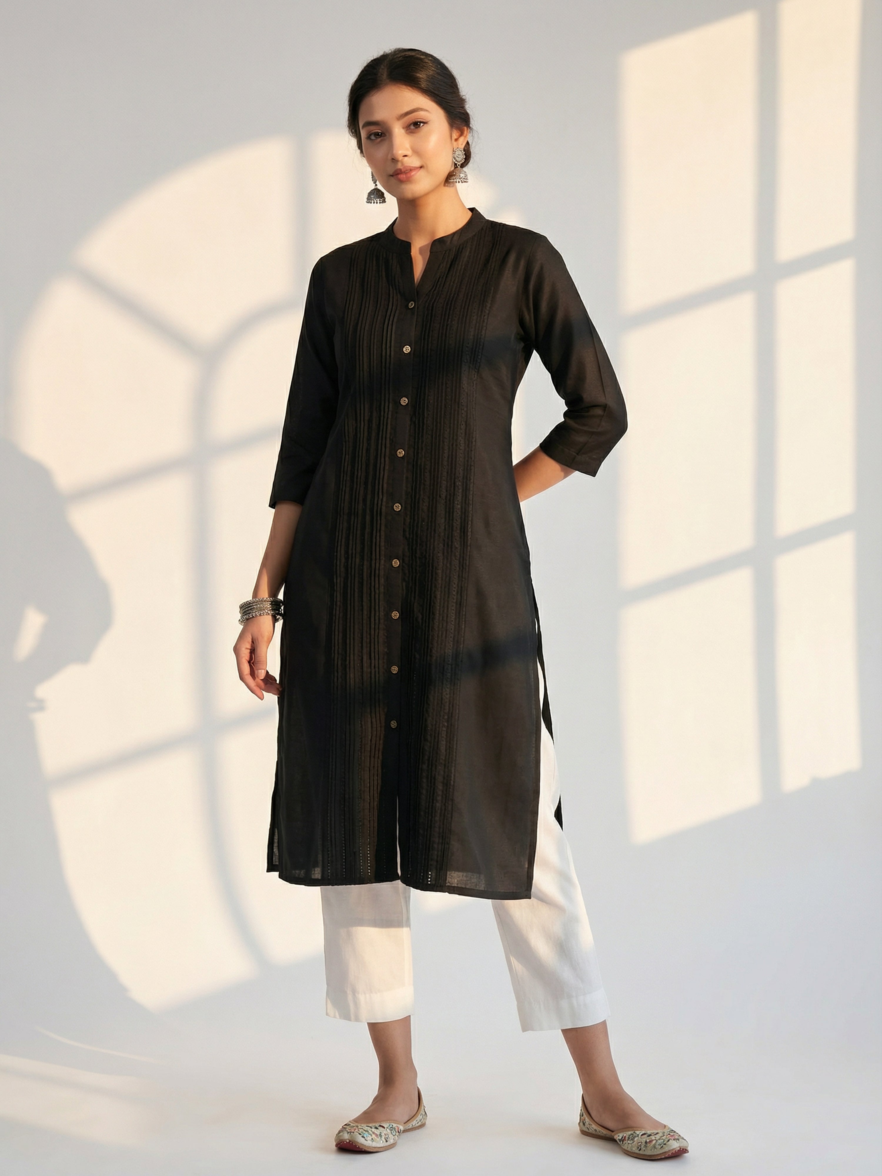 Black Silk Collar Neck 3/4Th Sleeve Kurti For Female