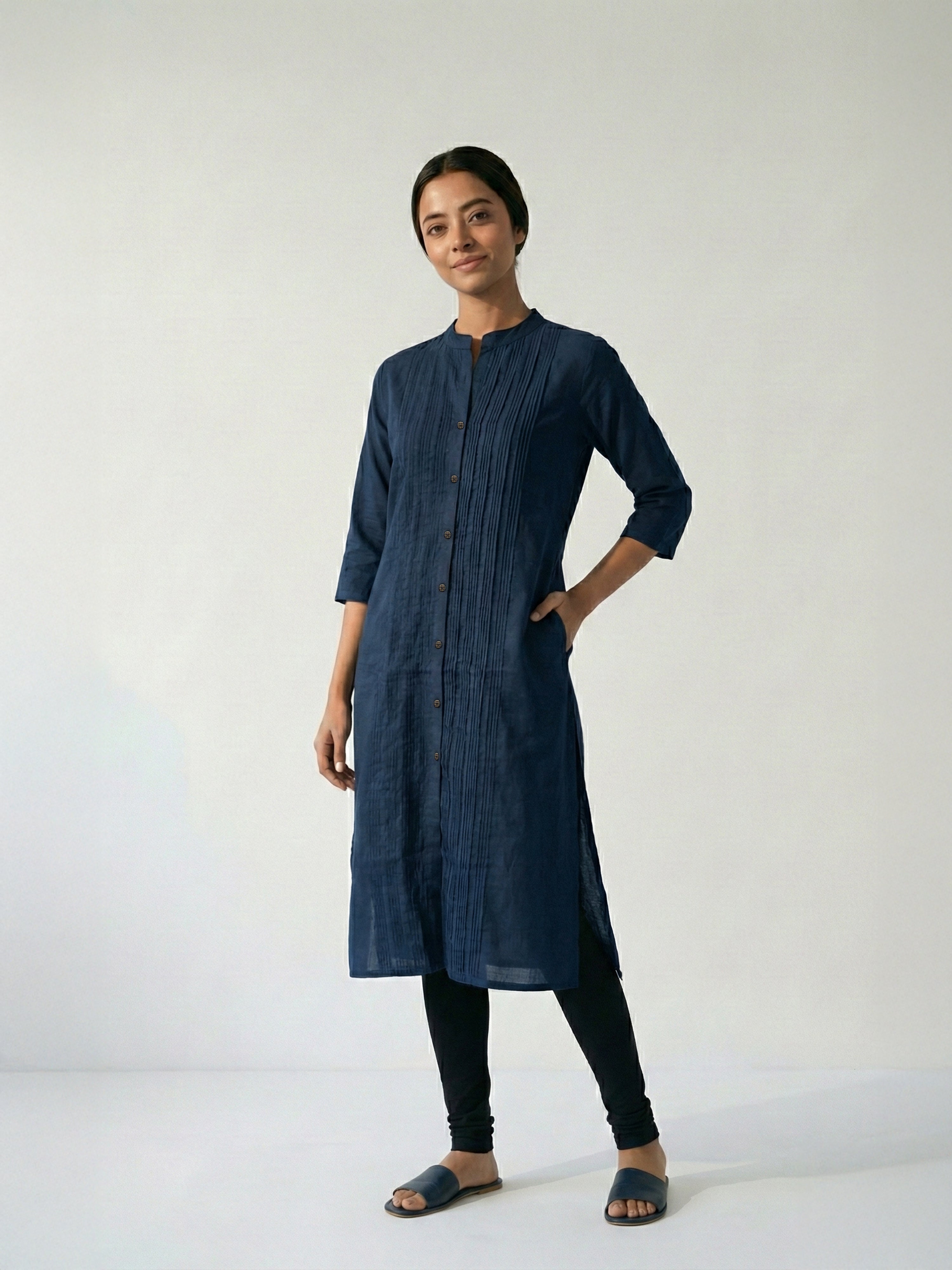 Blue Grey Hemmer Silk Collar Neck 3/4Th Sleeve Kurti For Female