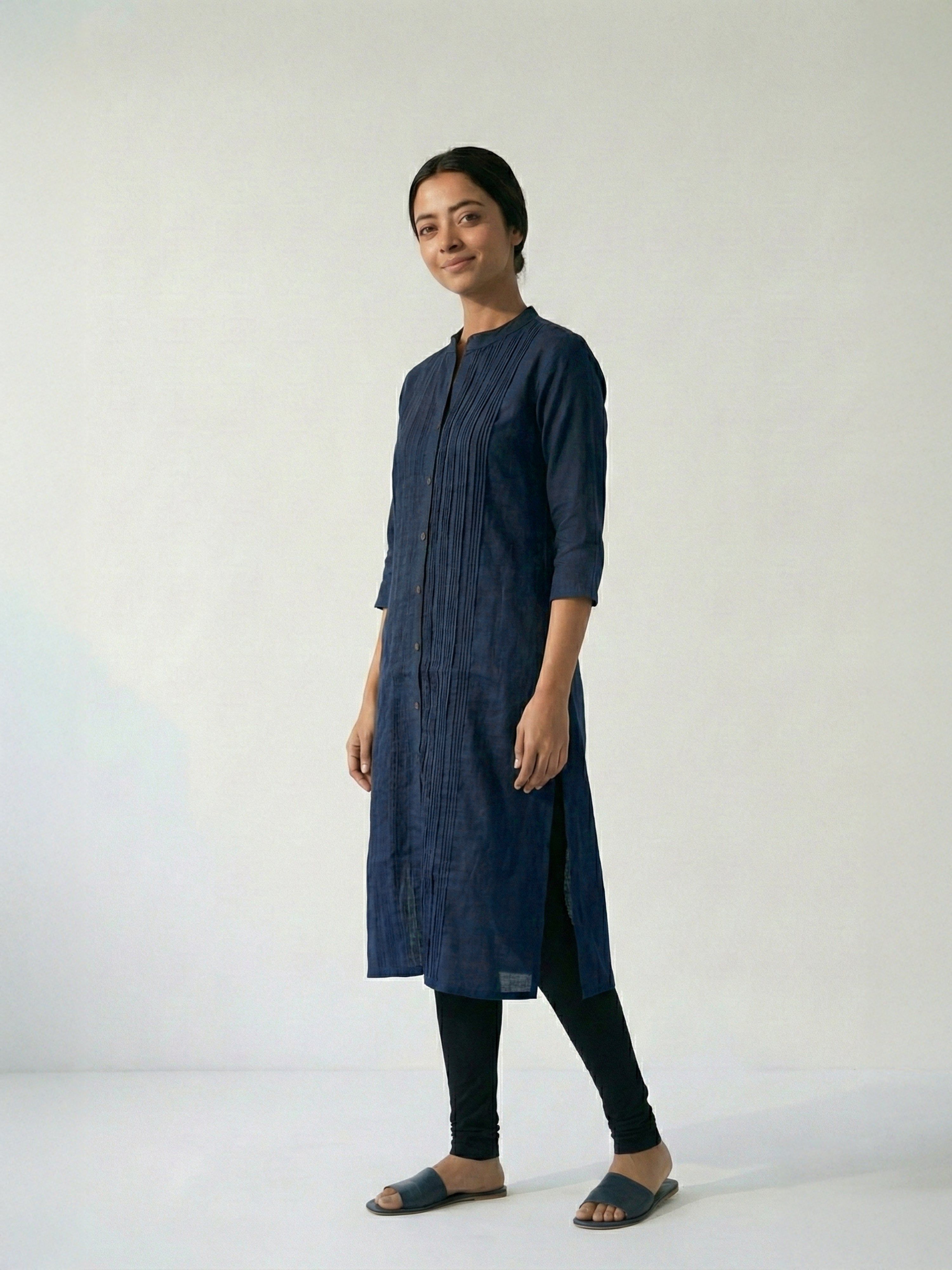 Blue Grey Hemmer Silk Collar Neck 3/4Th Sleeve Kurti For Female