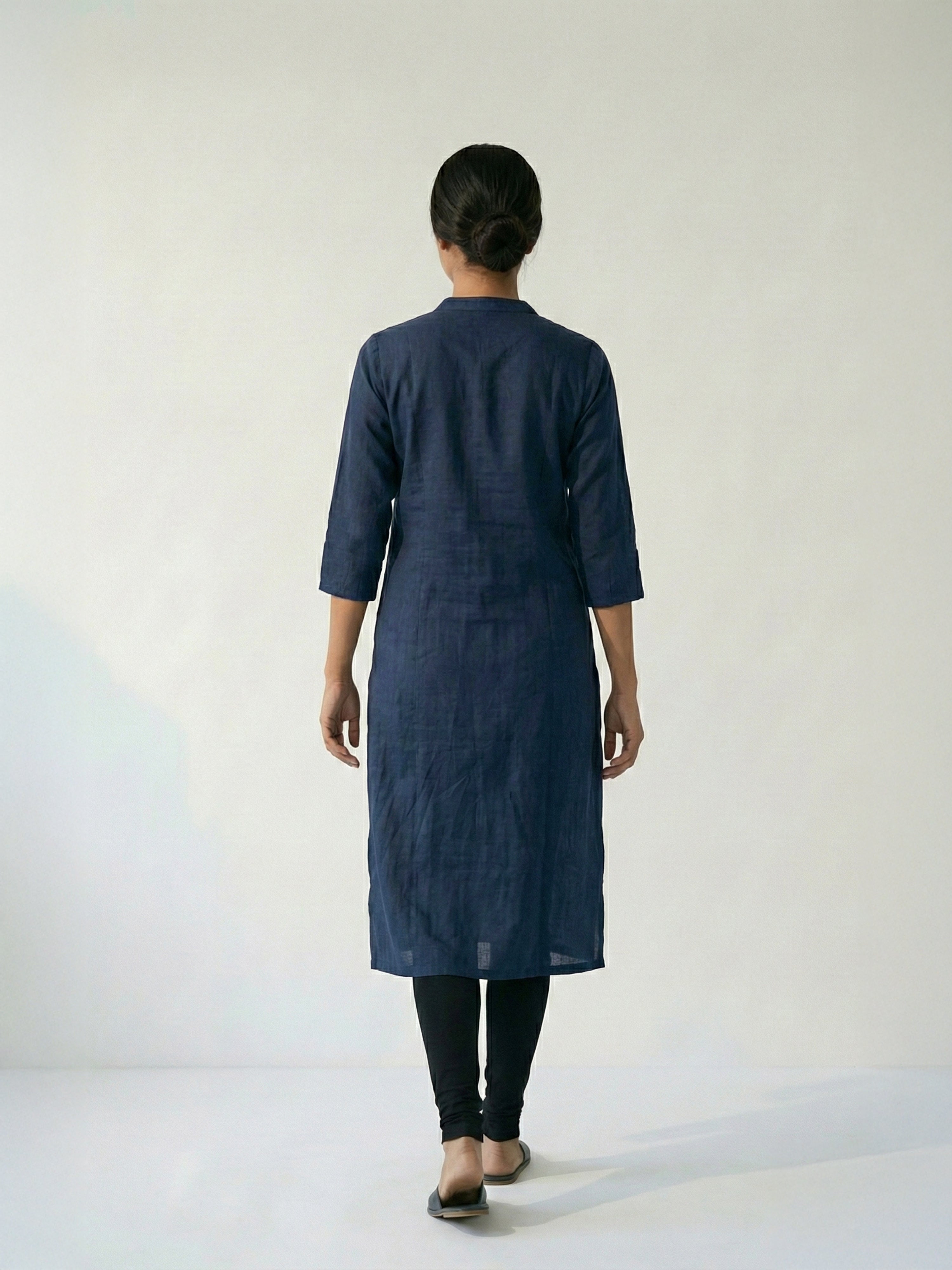 Blue Grey Hemmer Silk Collar Neck 3/4Th Sleeve Kurti For Female