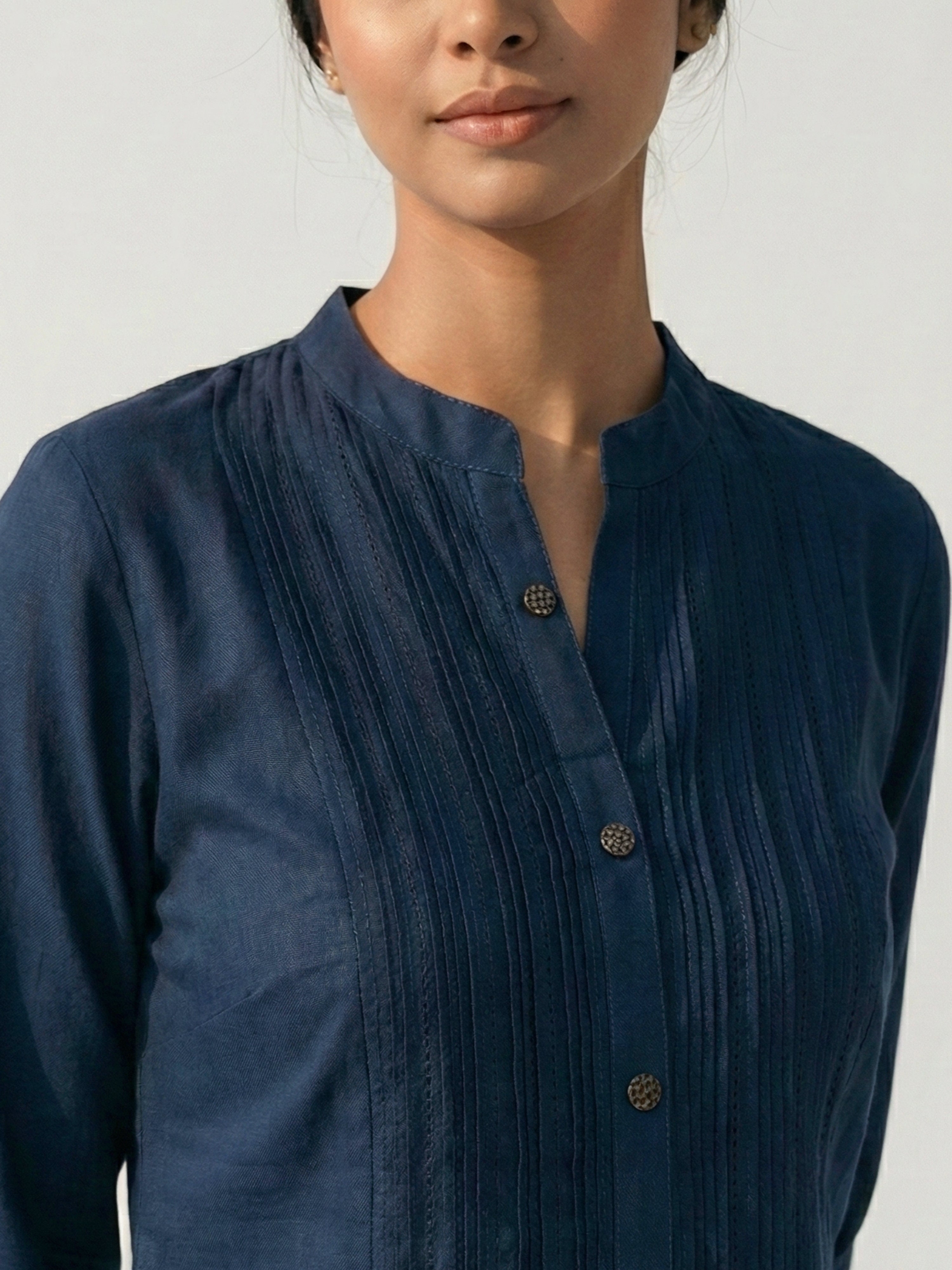 Blue Grey Hemmer Silk Collar Neck 3/4Th Sleeve Kurti For Female