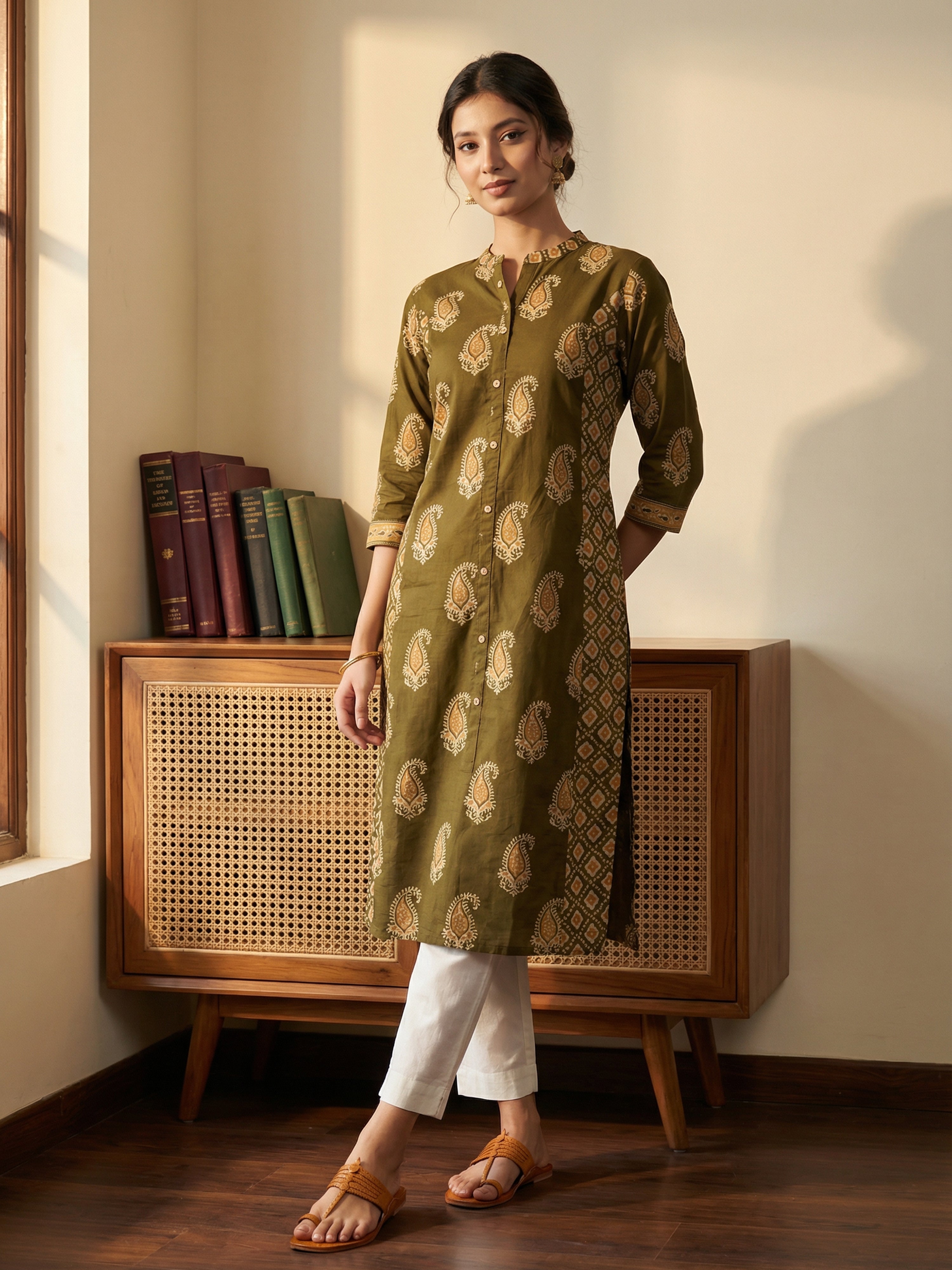 Mehndi Green Cotton Round Neck 3/4Th Sleeve Kurti For Female