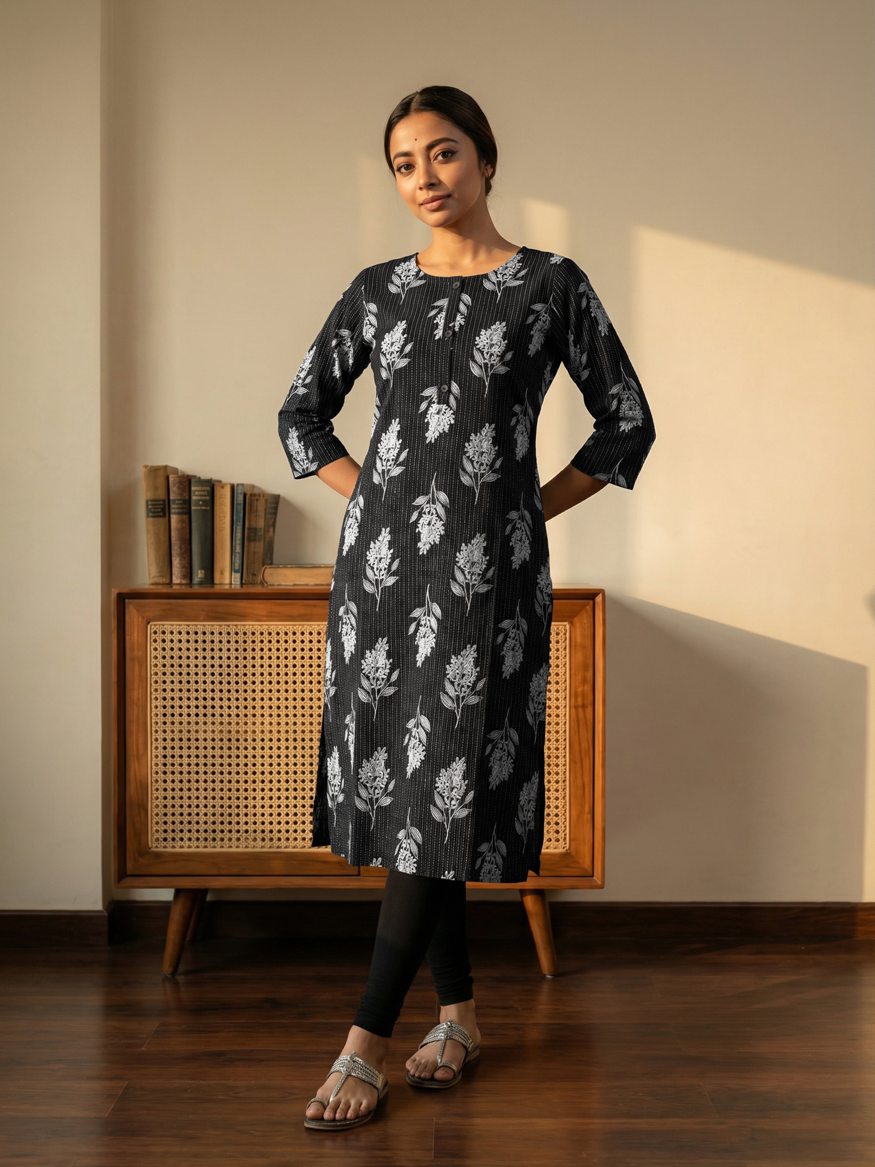 Black Printed Round neck Kurti