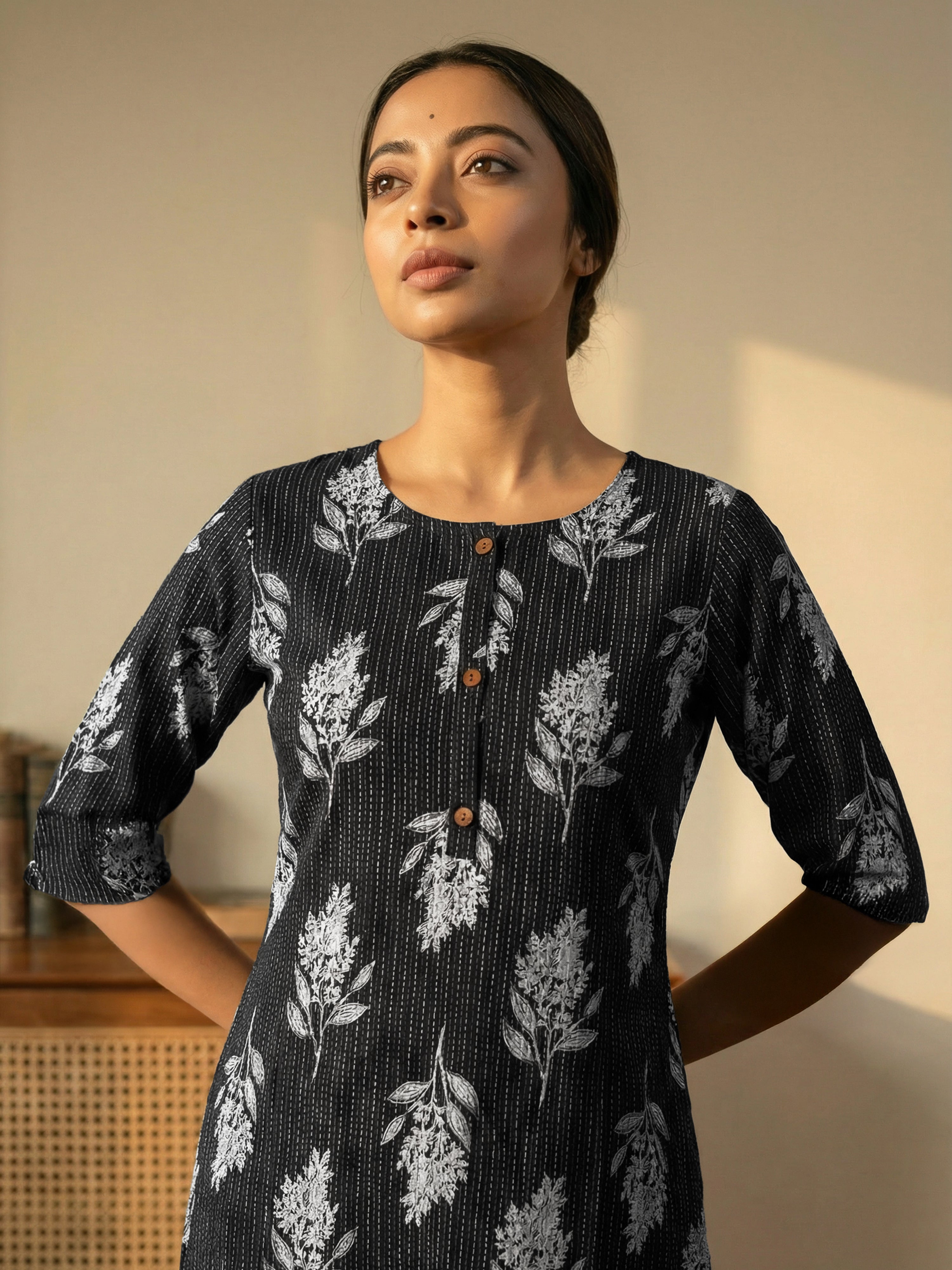 Black Printed Round neck Kurti