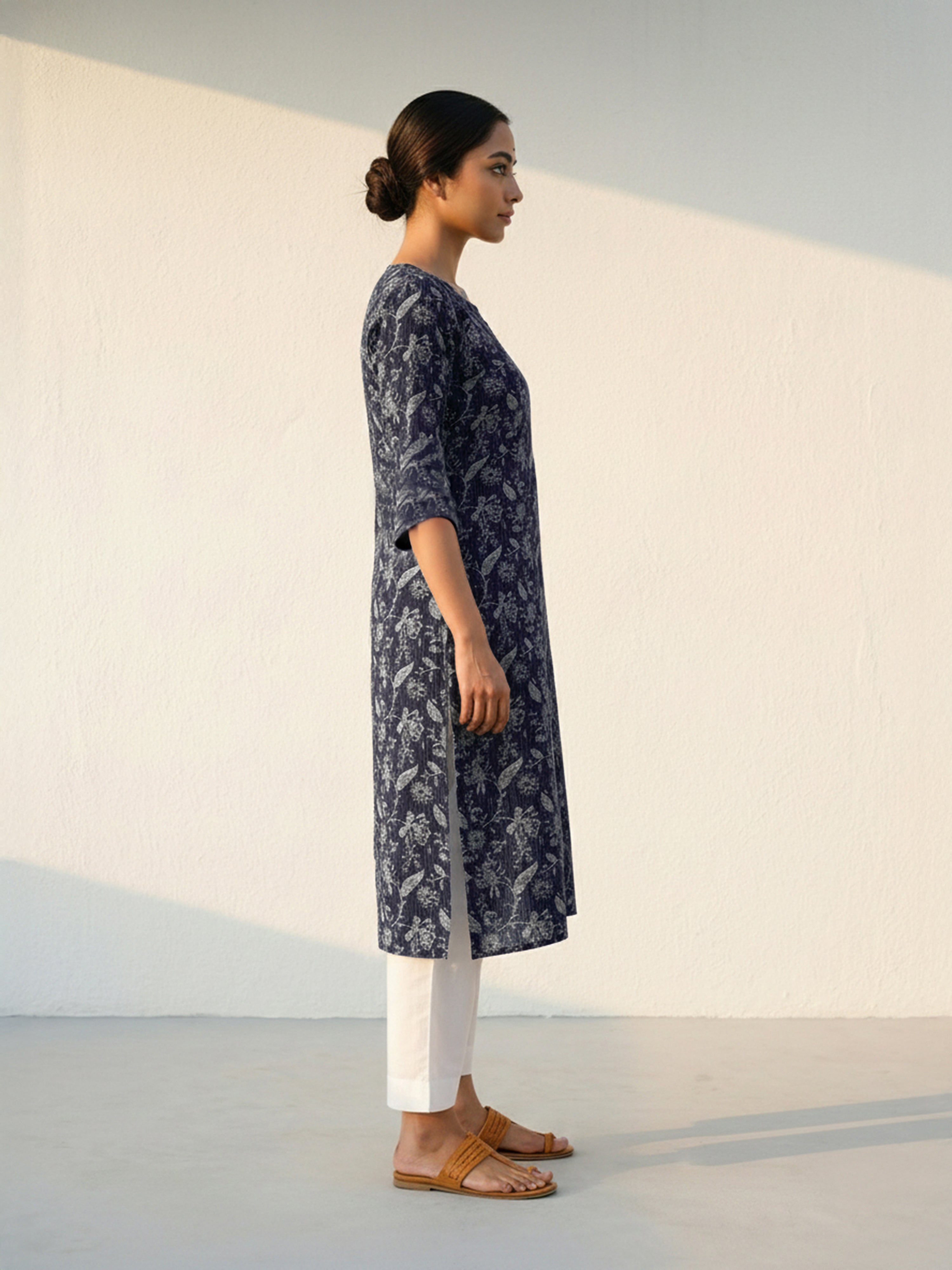 Indigo Blue Katha Cotton Round Neck 3/4 Sleeve Kurti For Female