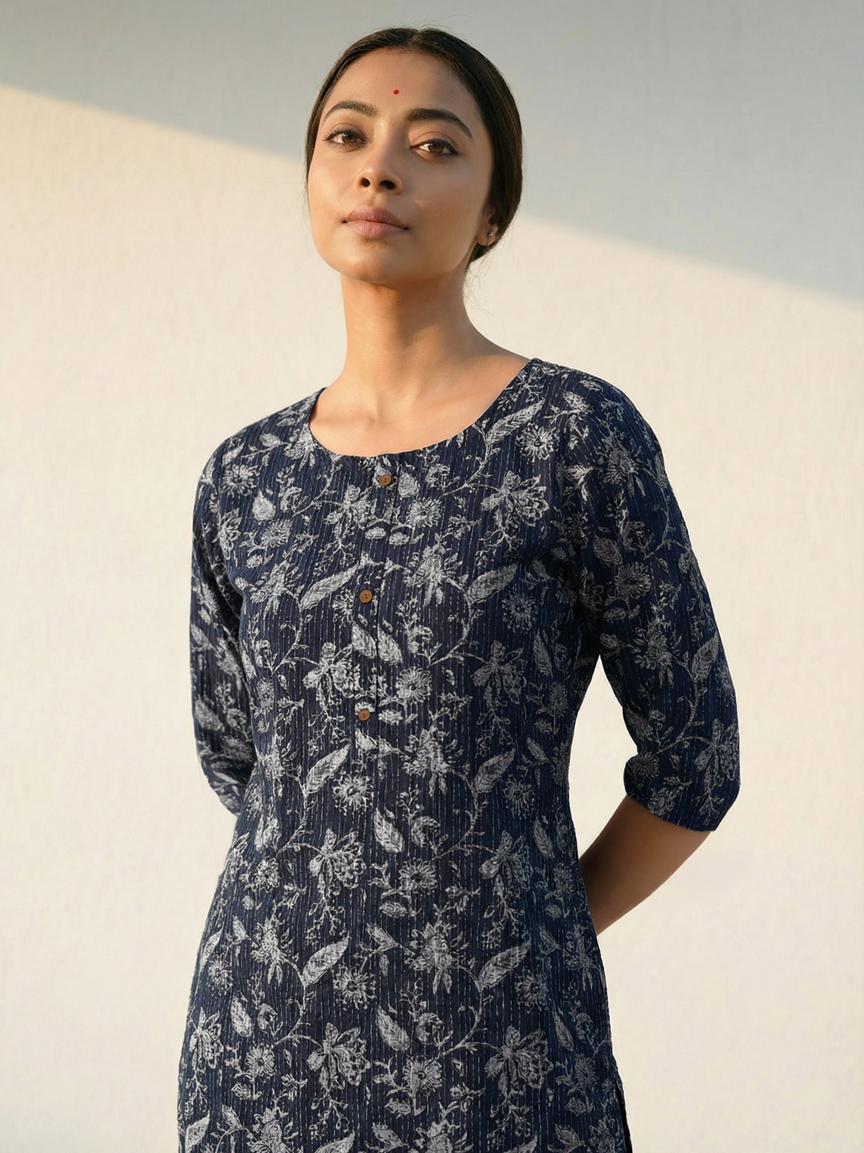 Indigo Blue Katha Cotton Round Neck 3/4 Sleeve Kurti For Female