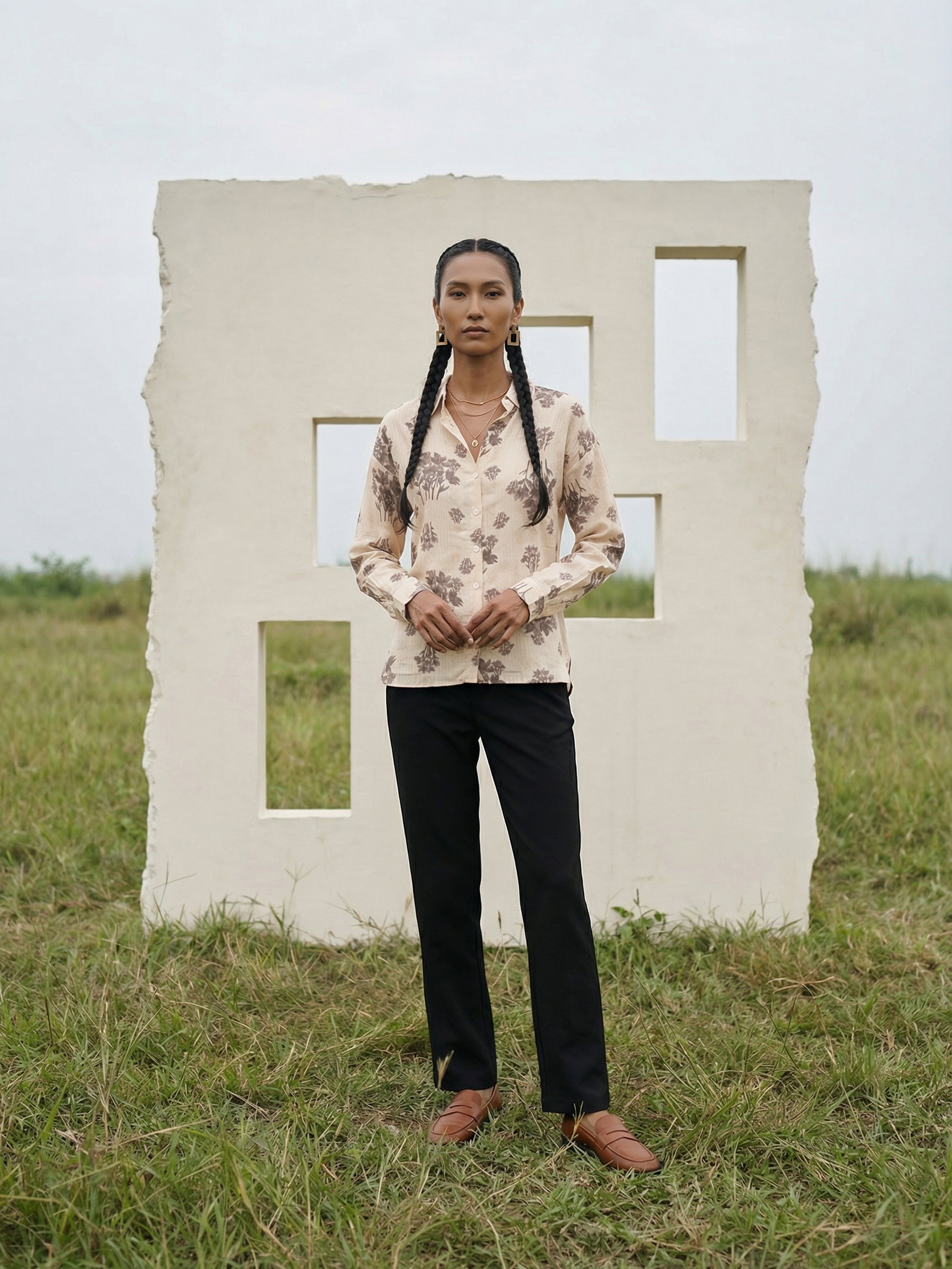 Offwhite Printed Rayon Regular Collar Full Shirt For Female