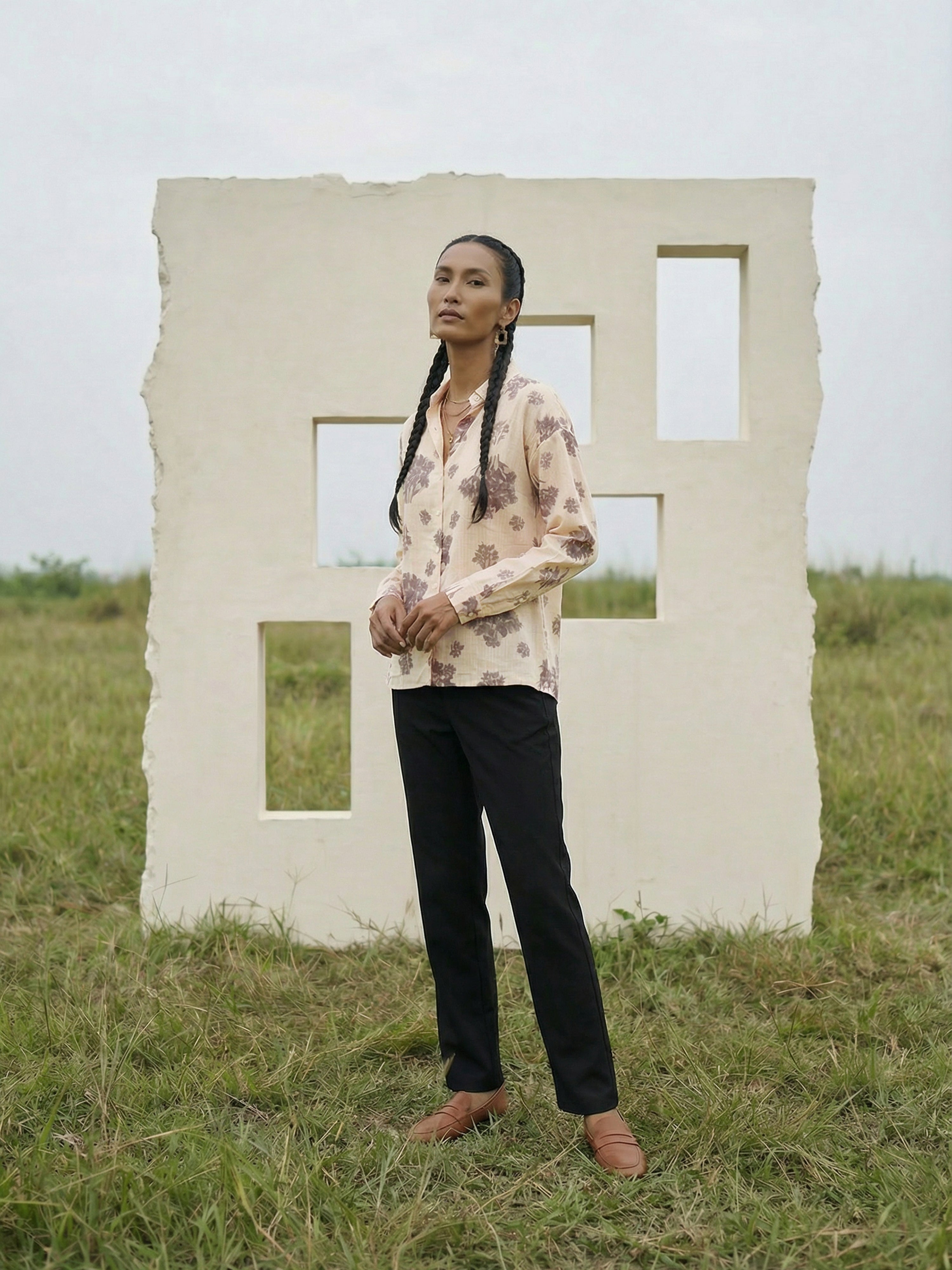 Offwhite Printed Rayon Regular Collar Full Shirt For Female