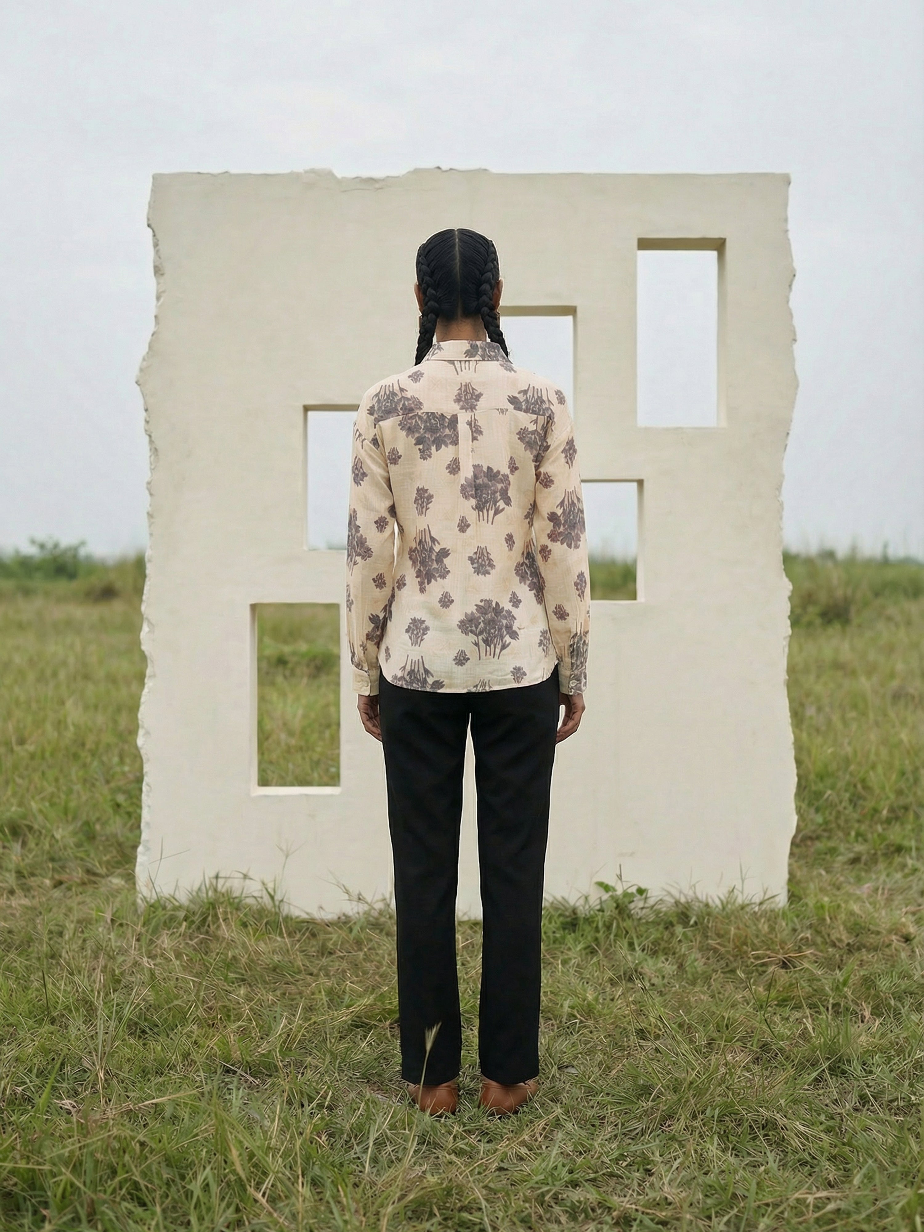 Offwhite Printed Rayon Regular Collar Full Shirt For Female