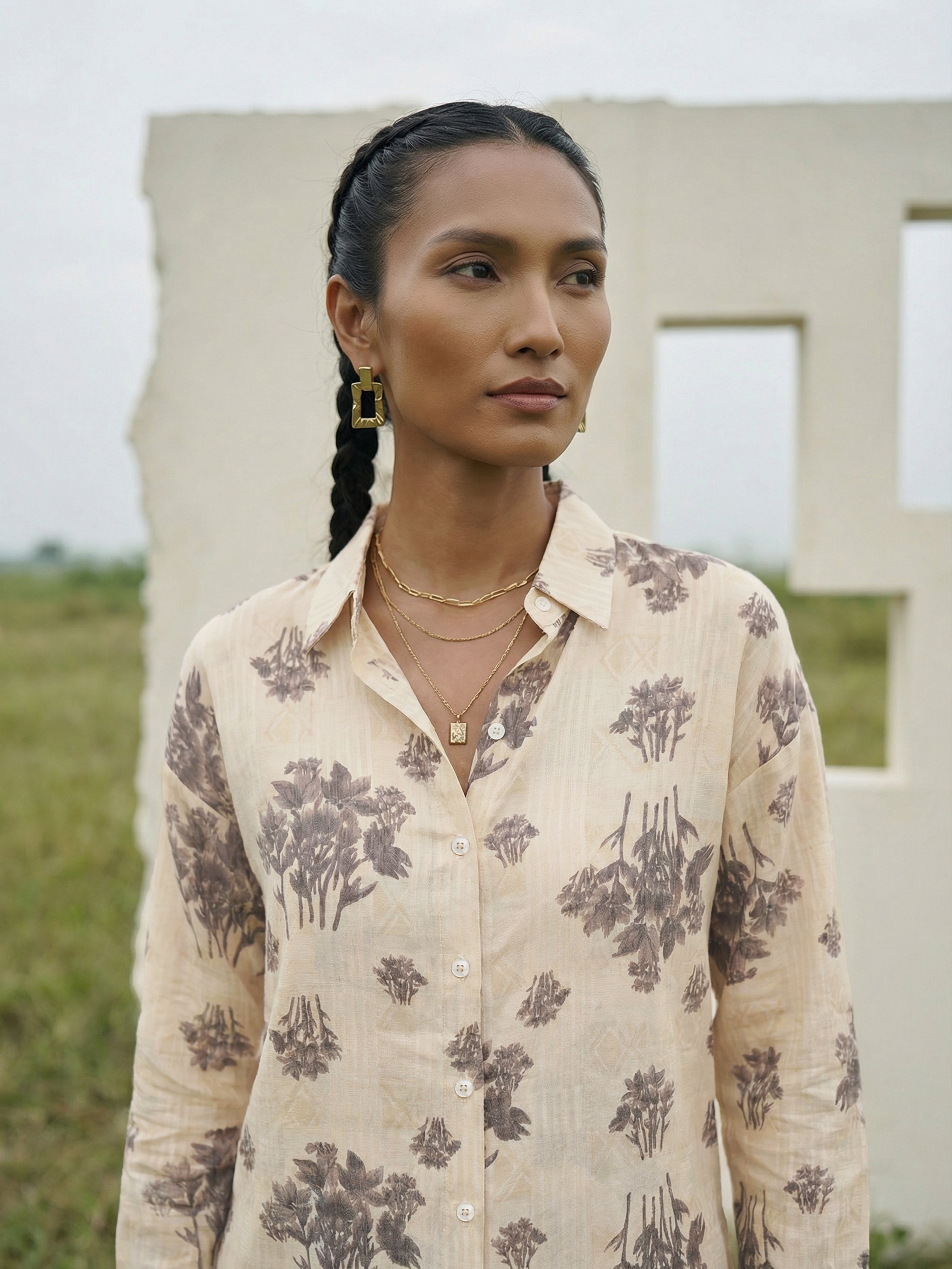 Offwhite Printed Rayon Regular Collar Full Shirt For Female