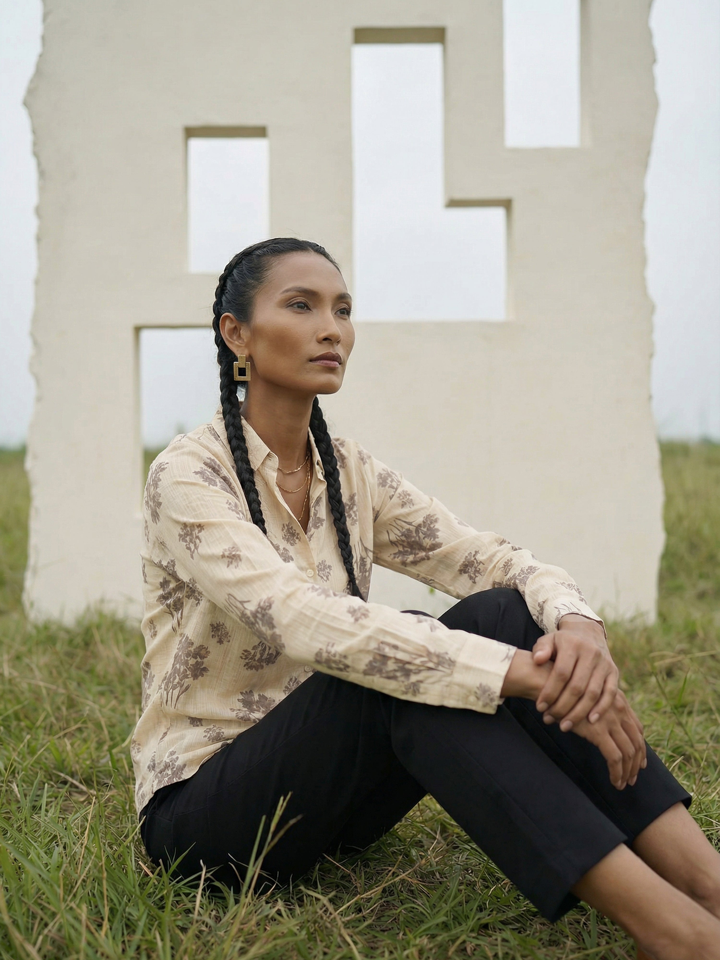 Offwhite Printed Rayon Regular Collar Full Shirt For Female