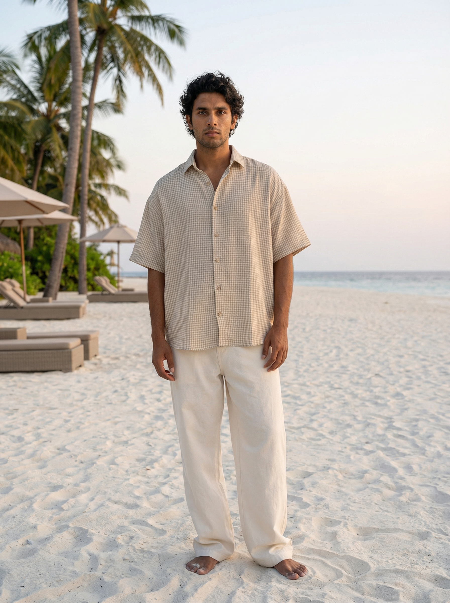 Cream Polyester Cotton Oversized Cuban-Collar Shirt