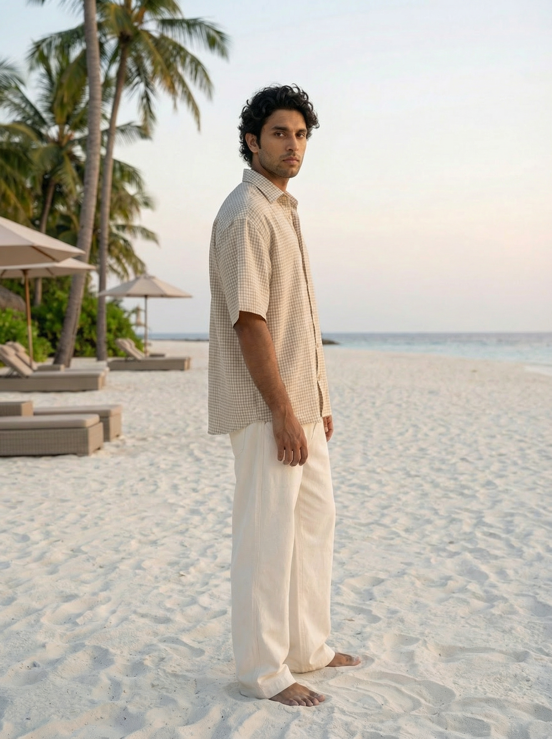 Cream Polyester Cotton Oversized Cuban-Collar Shirt