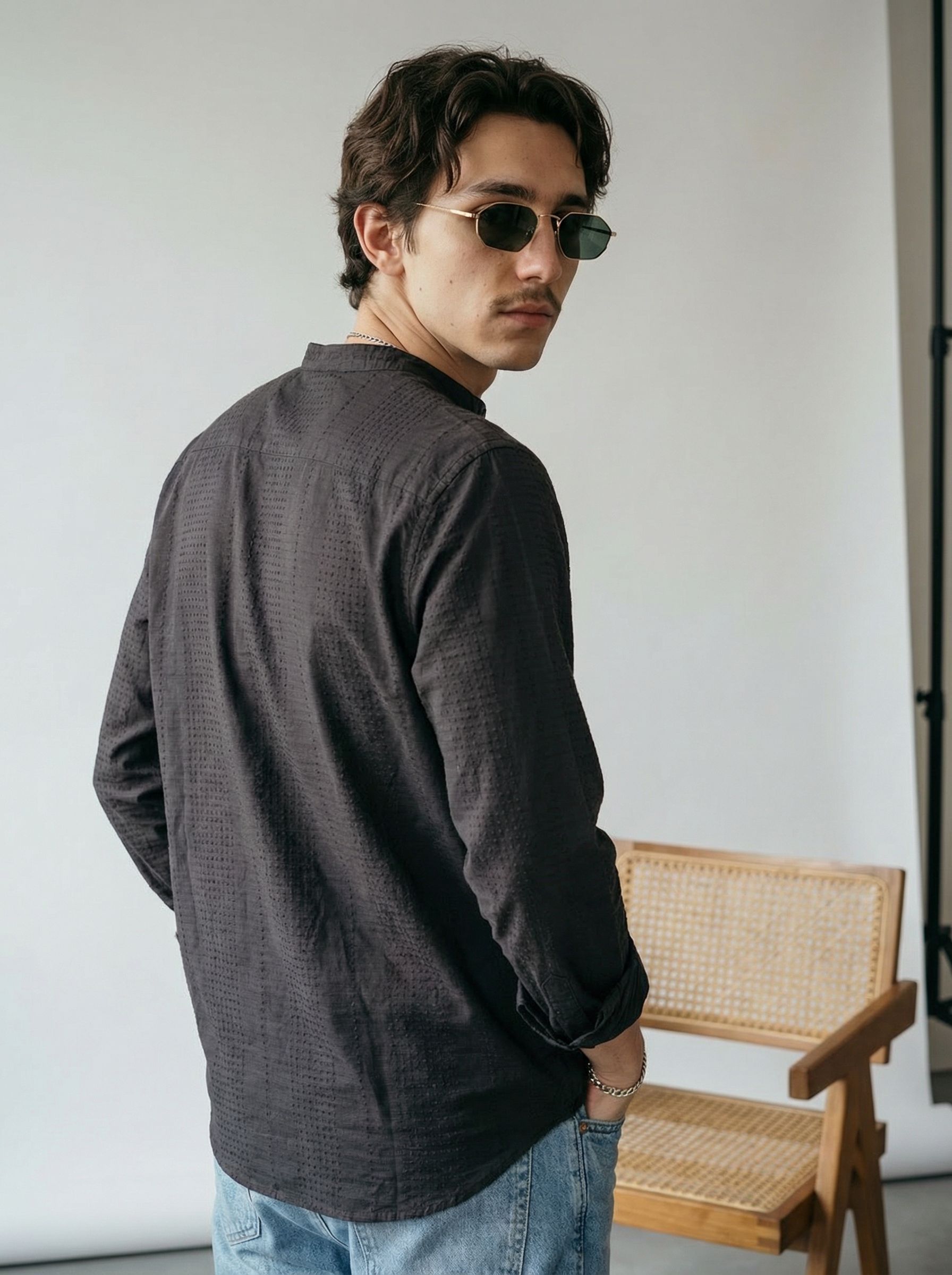 Grey Velvet Cotton Lycra Fazyo Regular Fit Mandarin Collar Full Sleeve Shirt