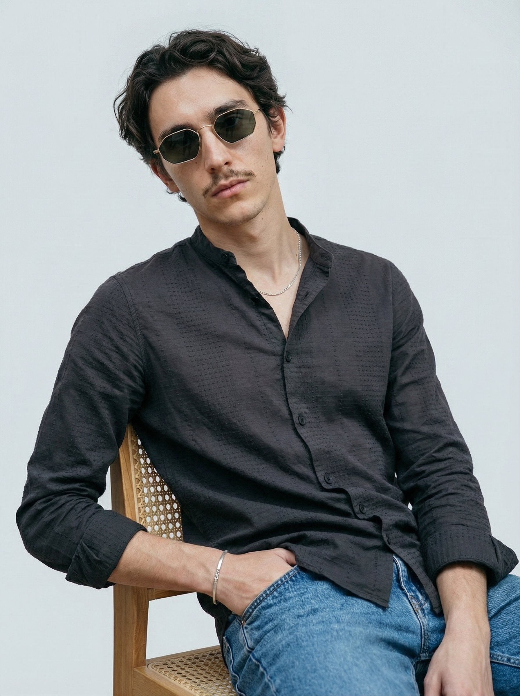 Grey Velvet Cotton Lycra Fazyo Regular Fit Mandarin Collar Full Sleeve Shirt