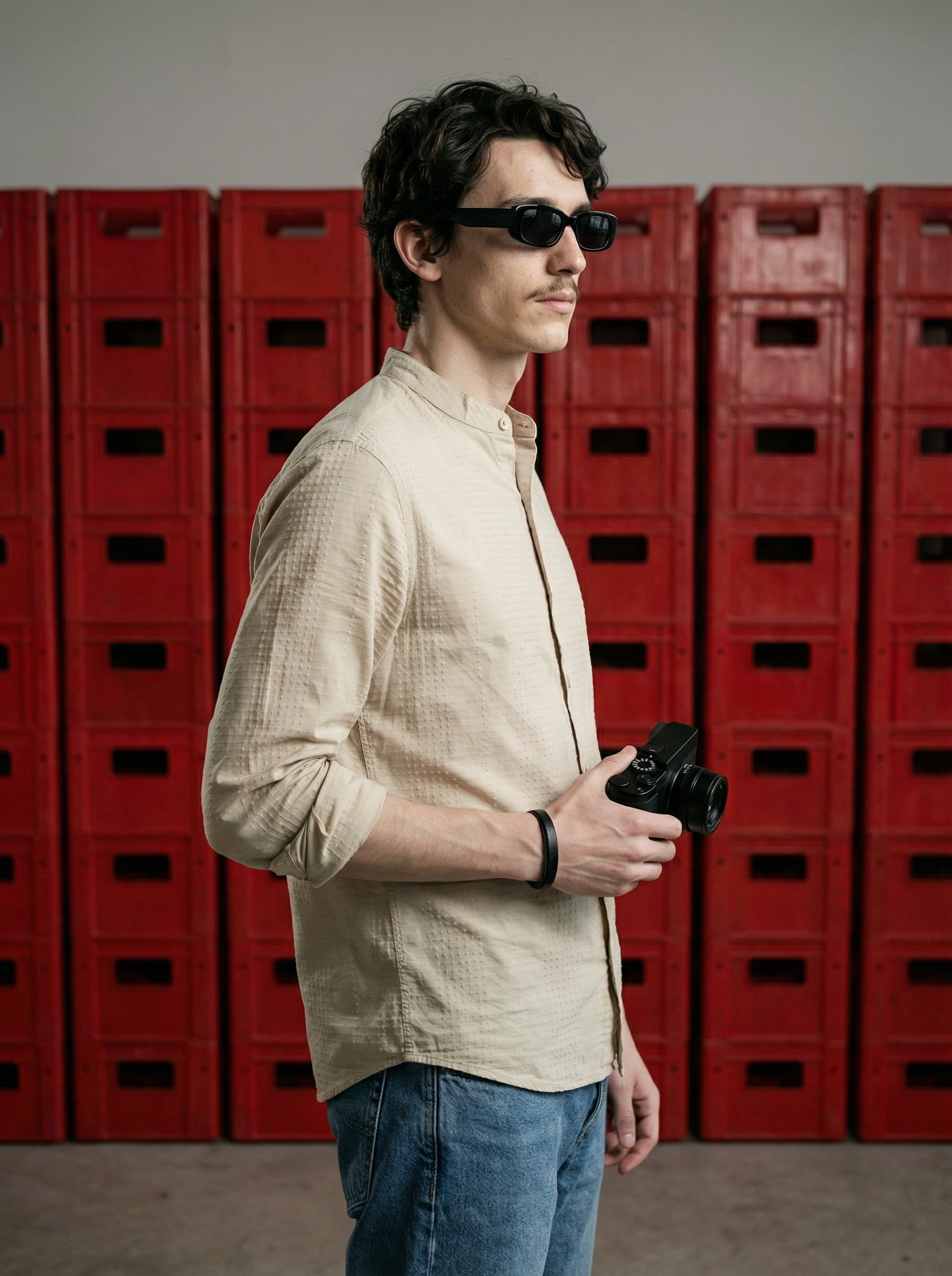 Beige Velvet Cotton Lycra Fazyo Regular Fit Mandarin Collar Full Sleeve Shirt