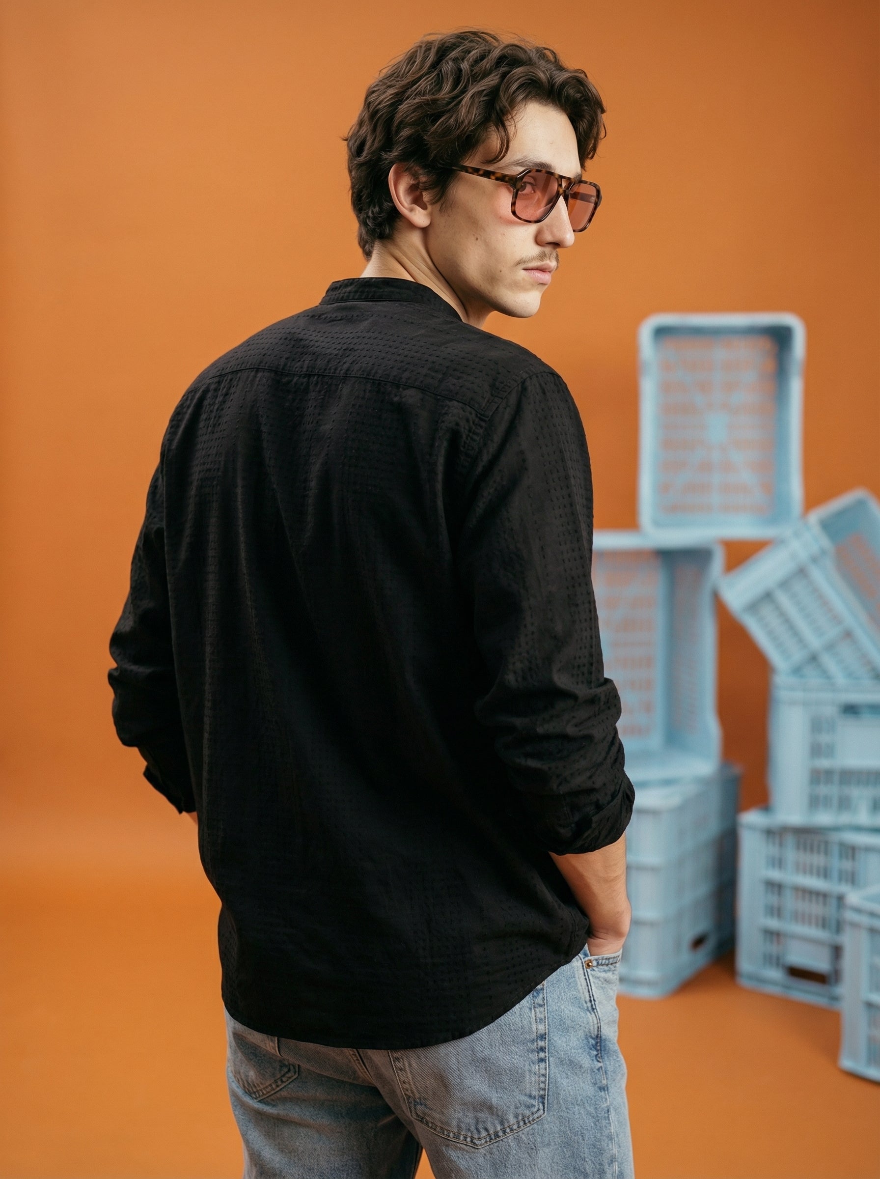 Black Velvet Cotton Lycra Fazyo Regular Fit Mandarin Collar Full Sleeve Shirt