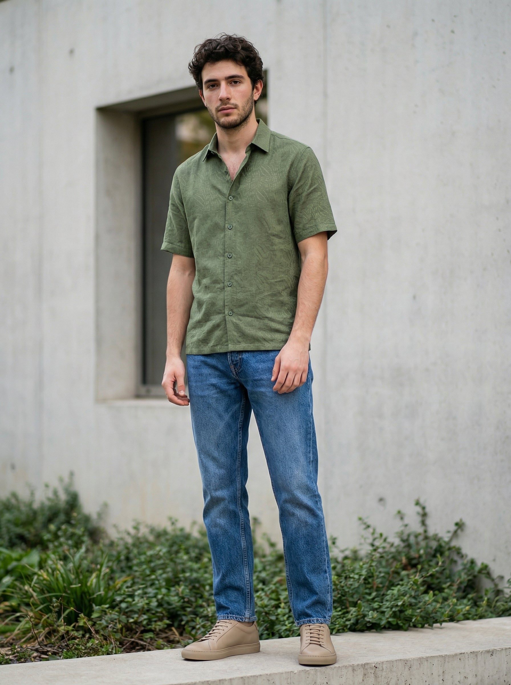 Olive Linen Oxford Relax Fit Half Sleeve Shirt