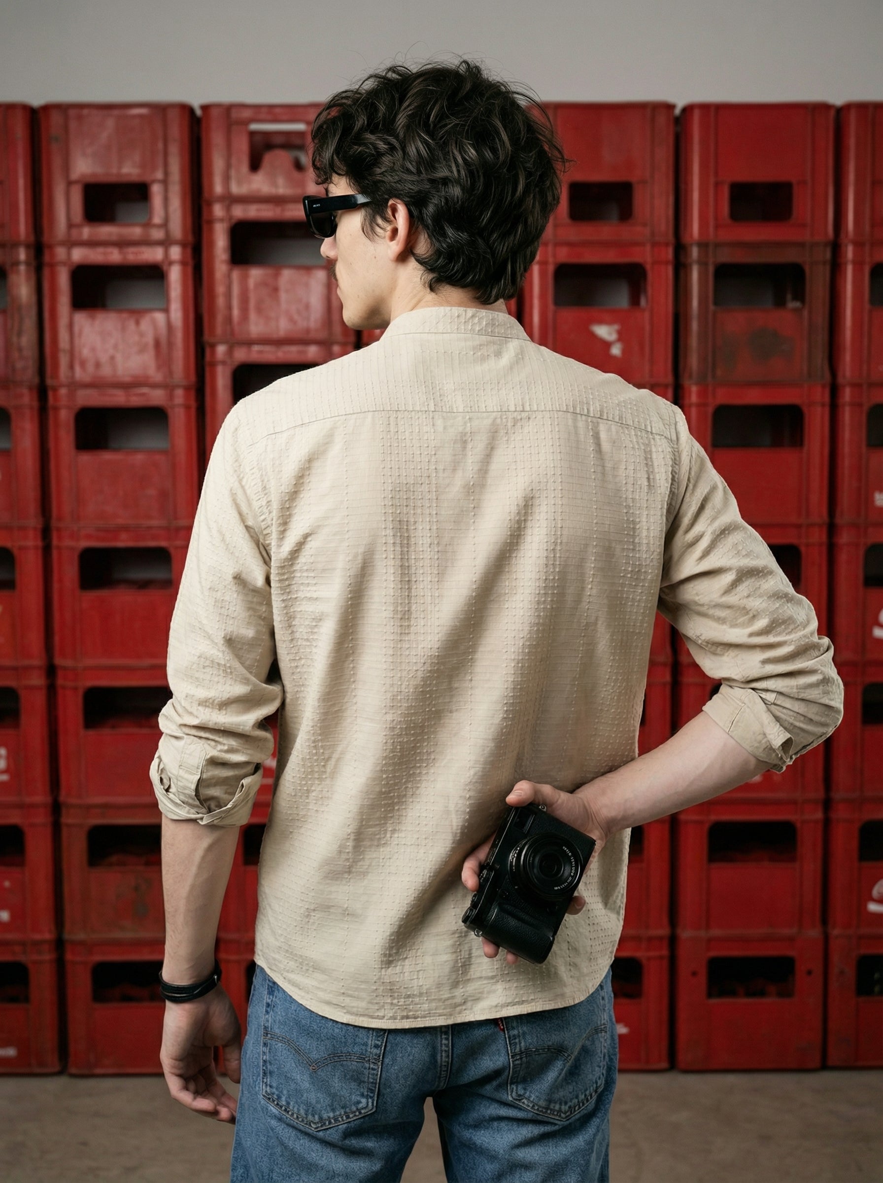 Beige Velvet Cotton Lycra Fazyo Regular Fit Mandarin Collar Full Sleeve Shirt