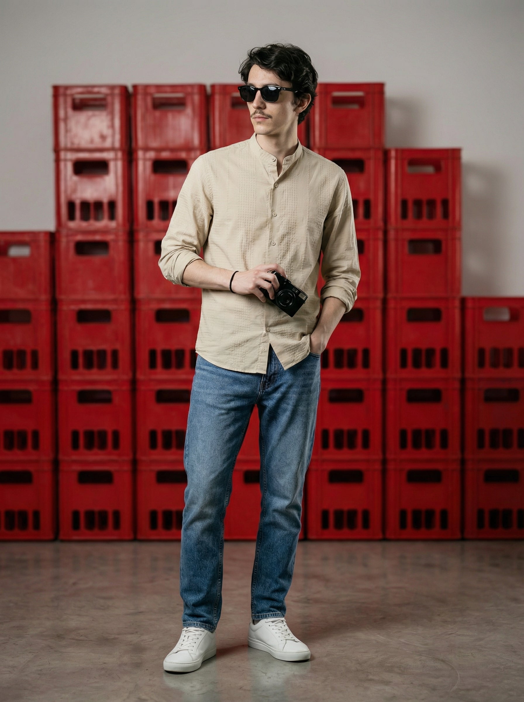 Beige Velvet Cotton Lycra Fazyo Regular Fit Mandarin Collar Full Sleeve Shirt