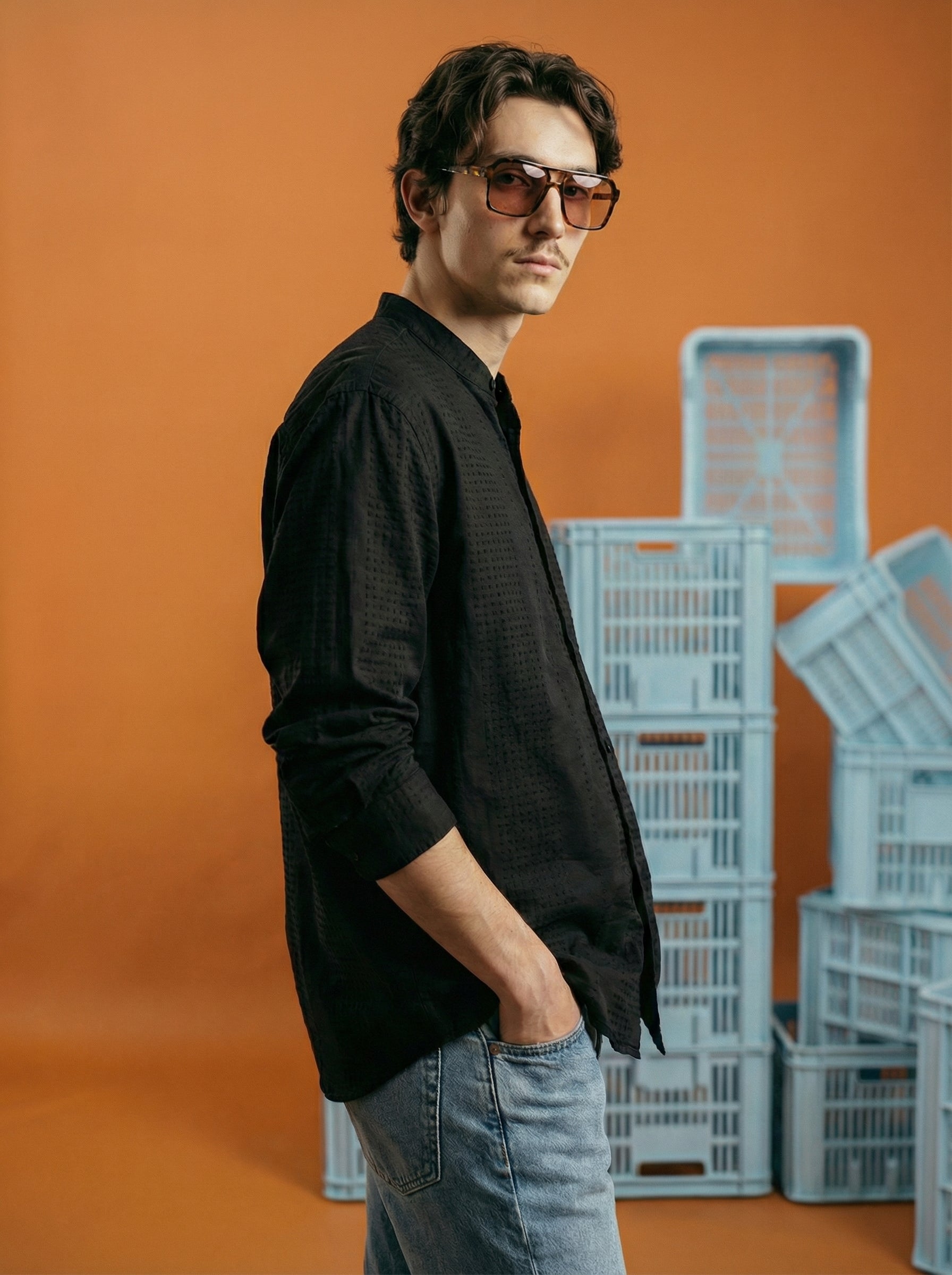 Black Velvet Cotton Lycra Fazyo Regular Fit Mandarin Collar Full Sleeve Shirt