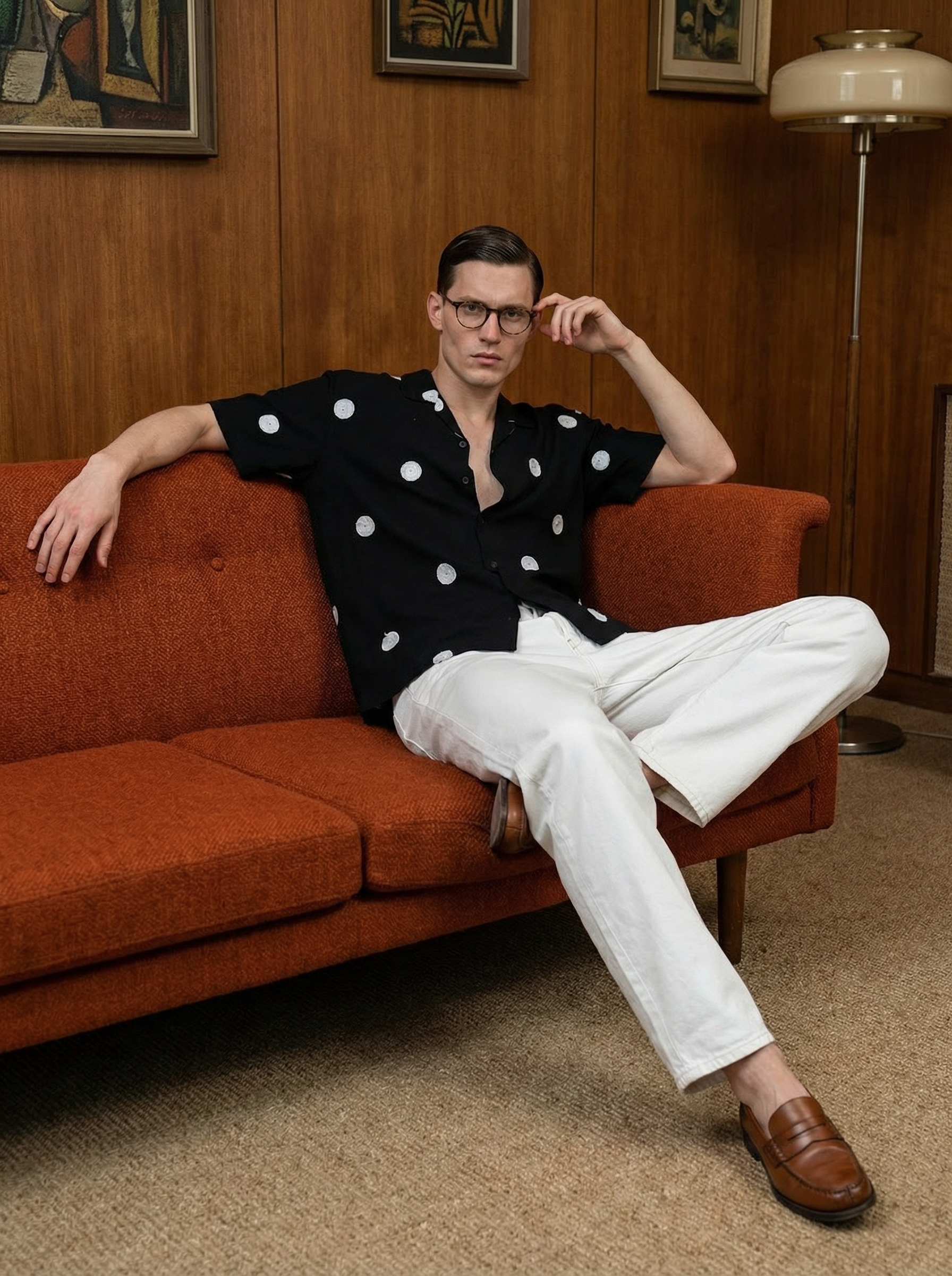 Black Polyester Cotton Oversized Cuban-Collar Shirt