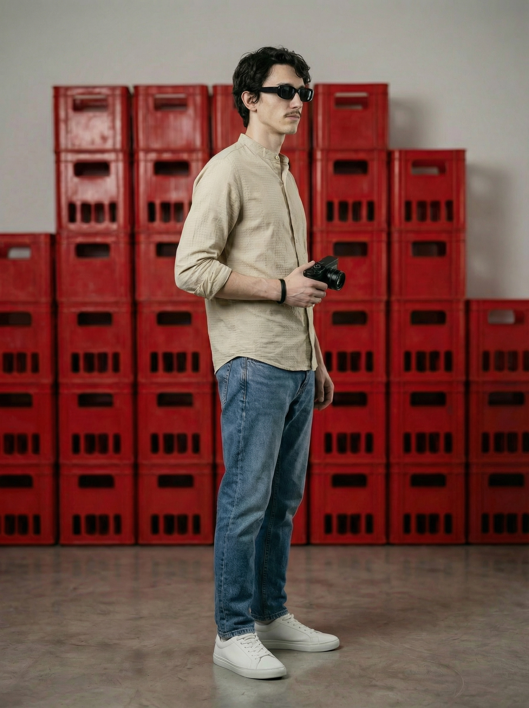 Beige Velvet Cotton Lycra Fazyo Regular Fit Mandarin Collar Full Sleeve Shirt