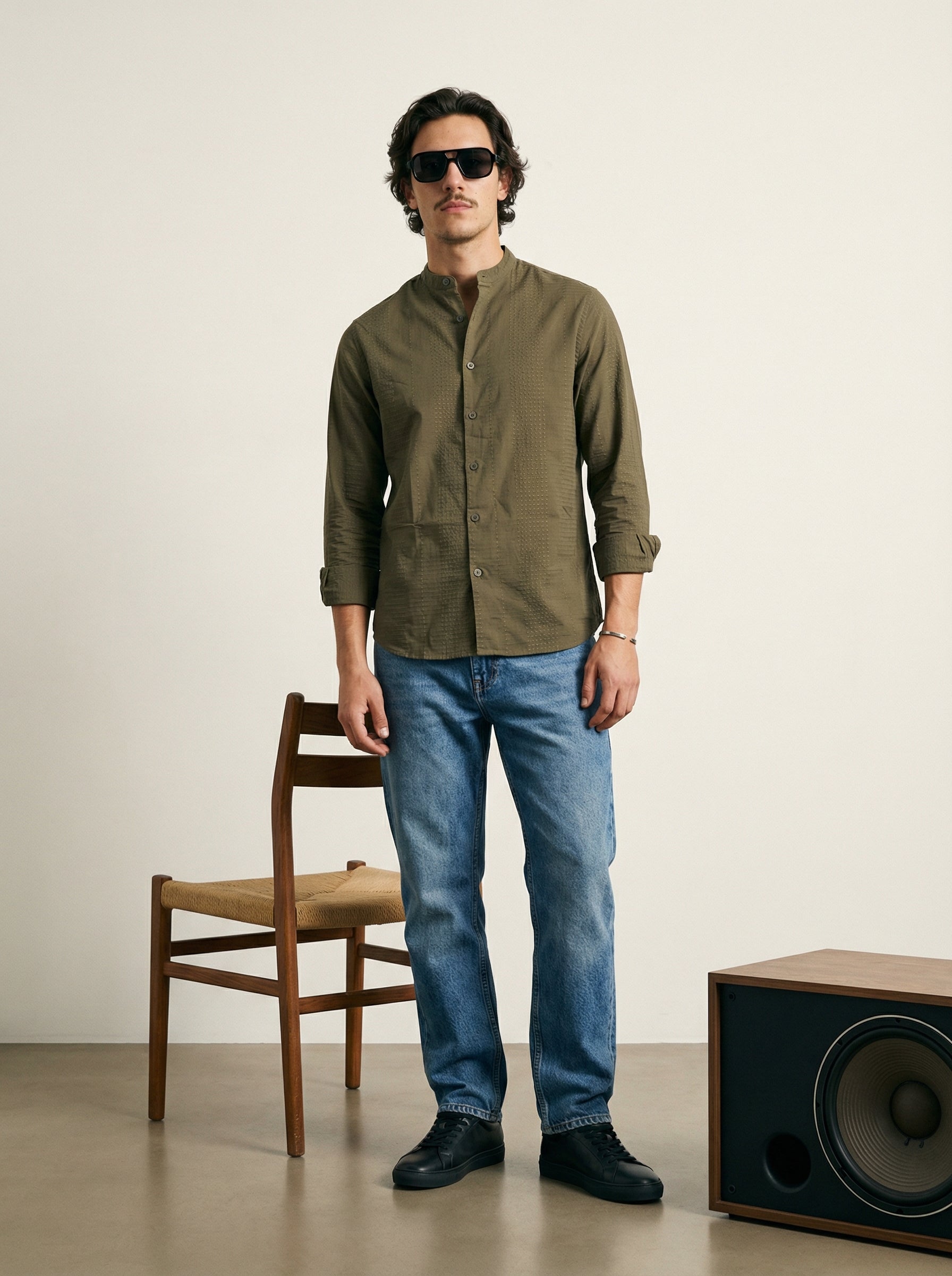 Green Velvet Cotton Lycra Fazyo Regular Fit Mandarin Collar Full Sleeve Shirt