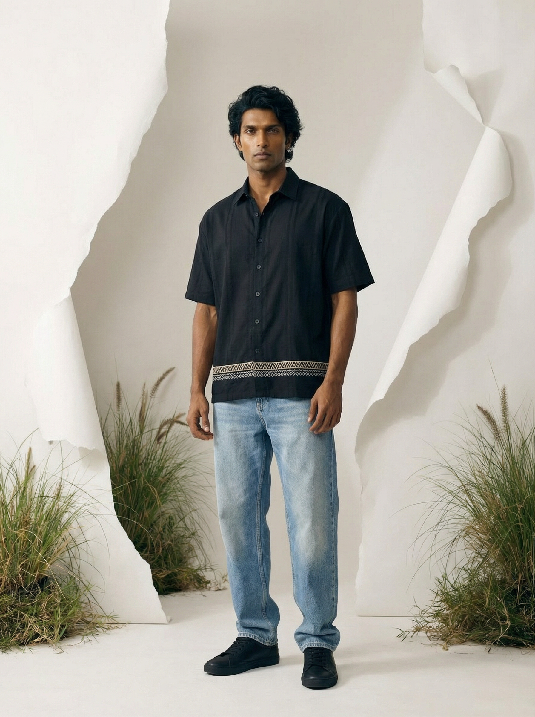 Men’s Black Embroidered Relax Fit Shirt