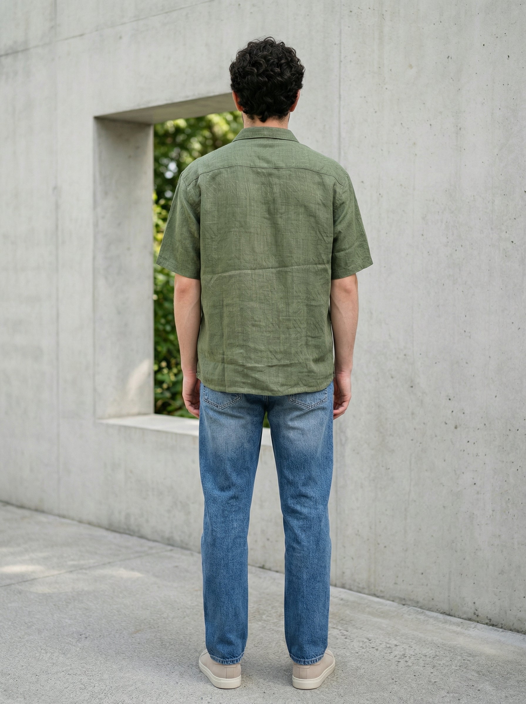 Olive Linen Oxford Relax Fit Half Sleeve Shirt