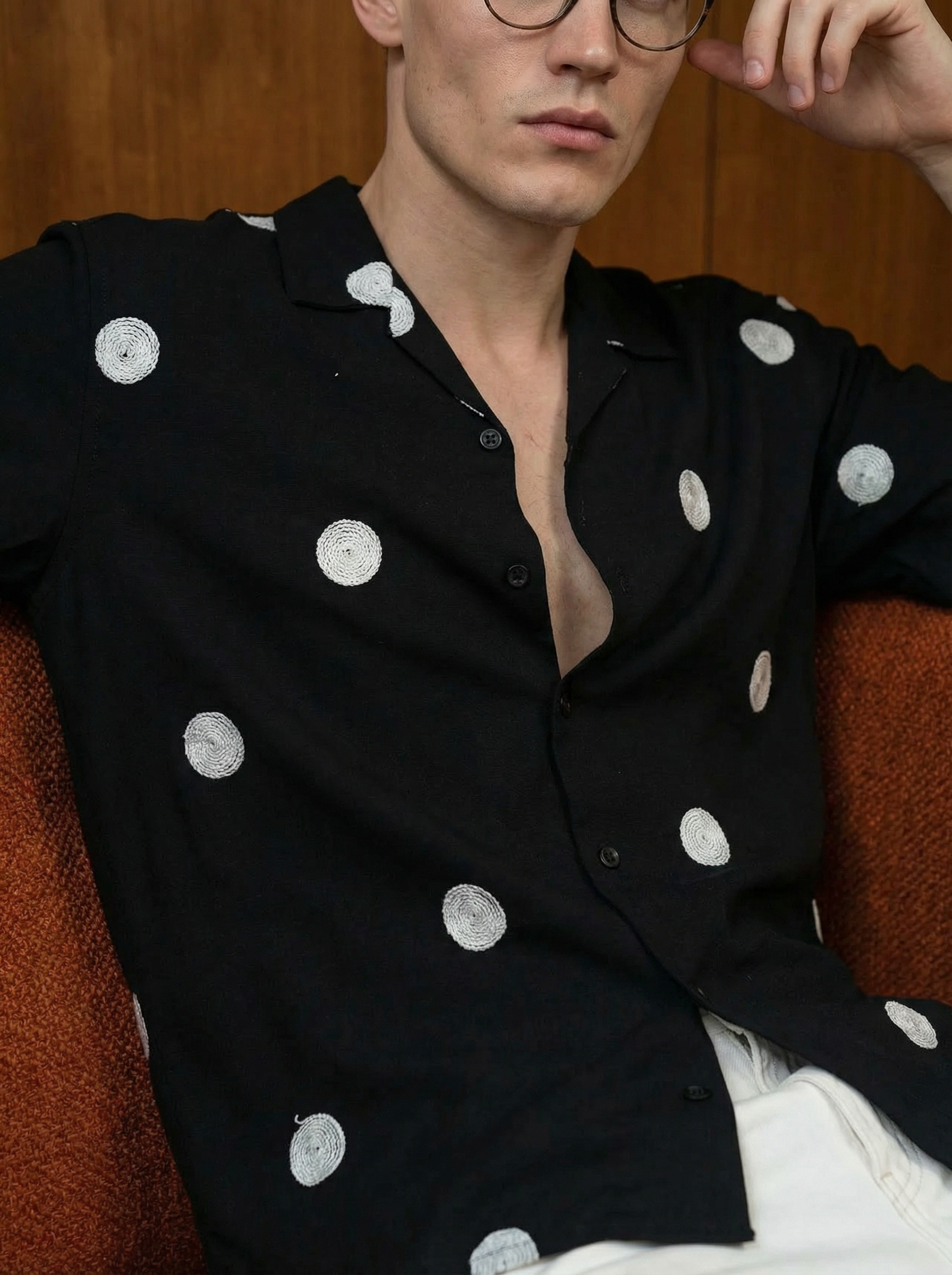 Black Polyester Cotton Oversized Cuban-Collar Shirt