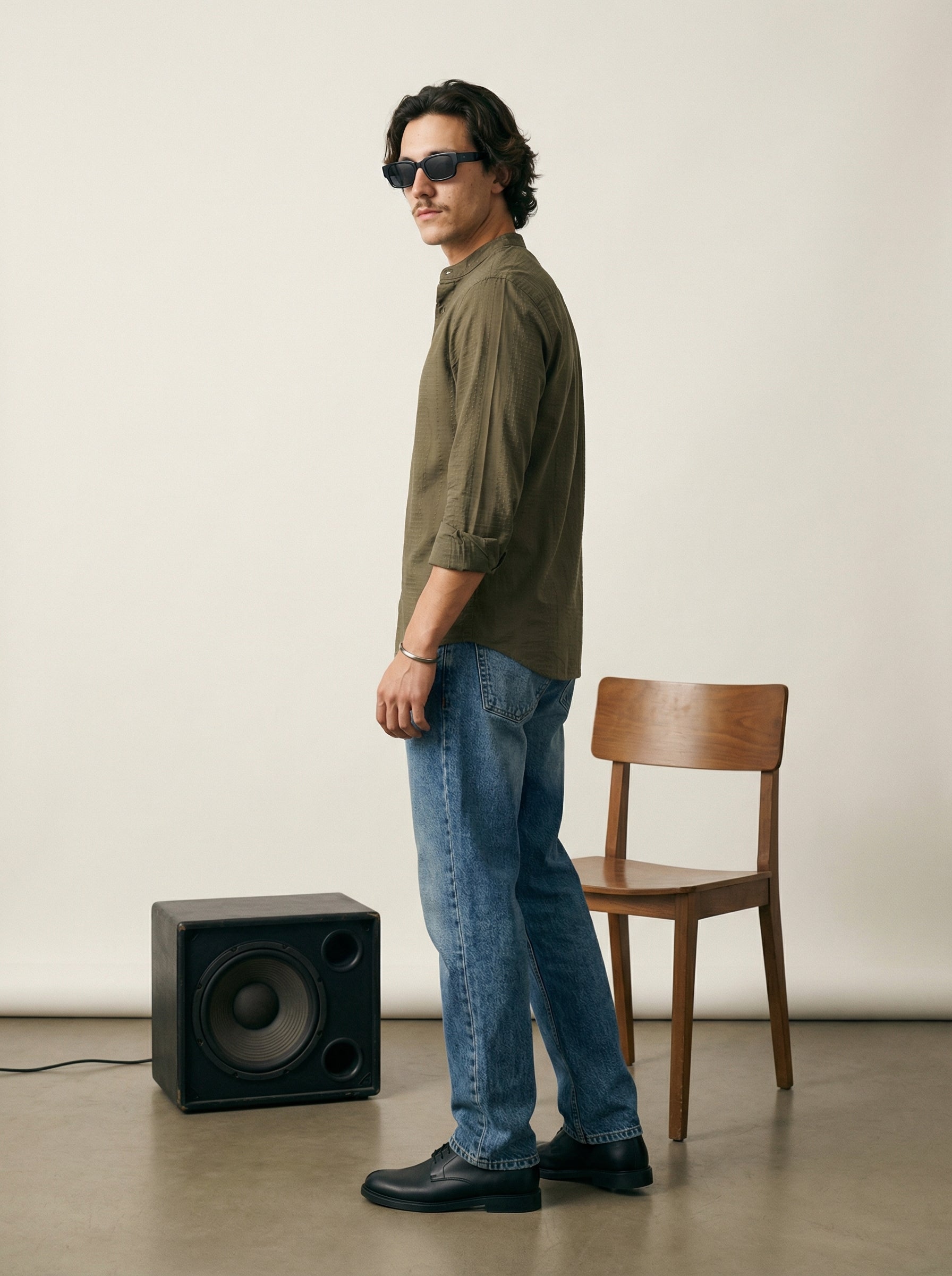 Green Velvet Cotton Lycra Fazyo Regular Fit Mandarin Collar Full Sleeve Shirt